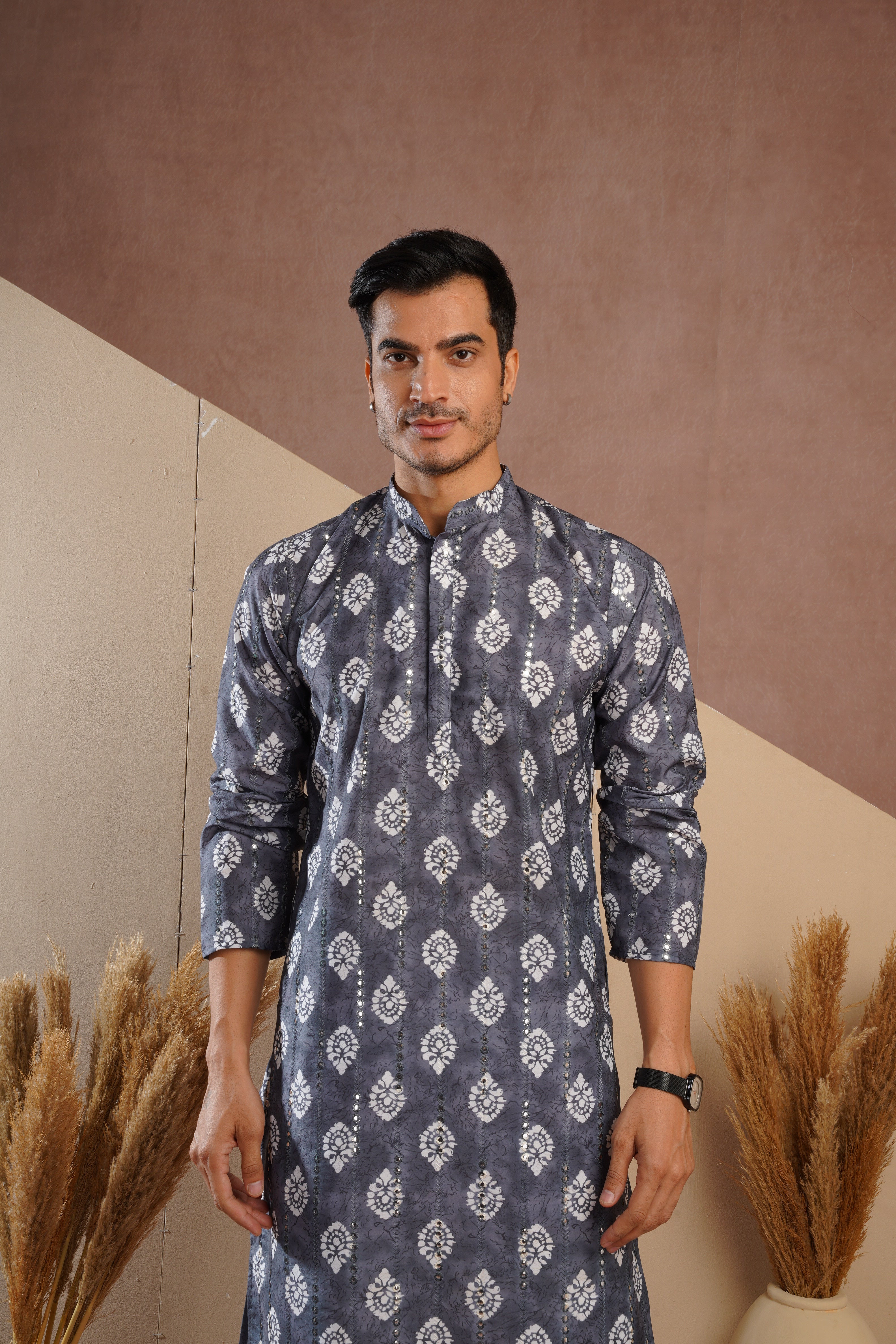 Grey Ethnic Block Print Kurta set with sequin highlights