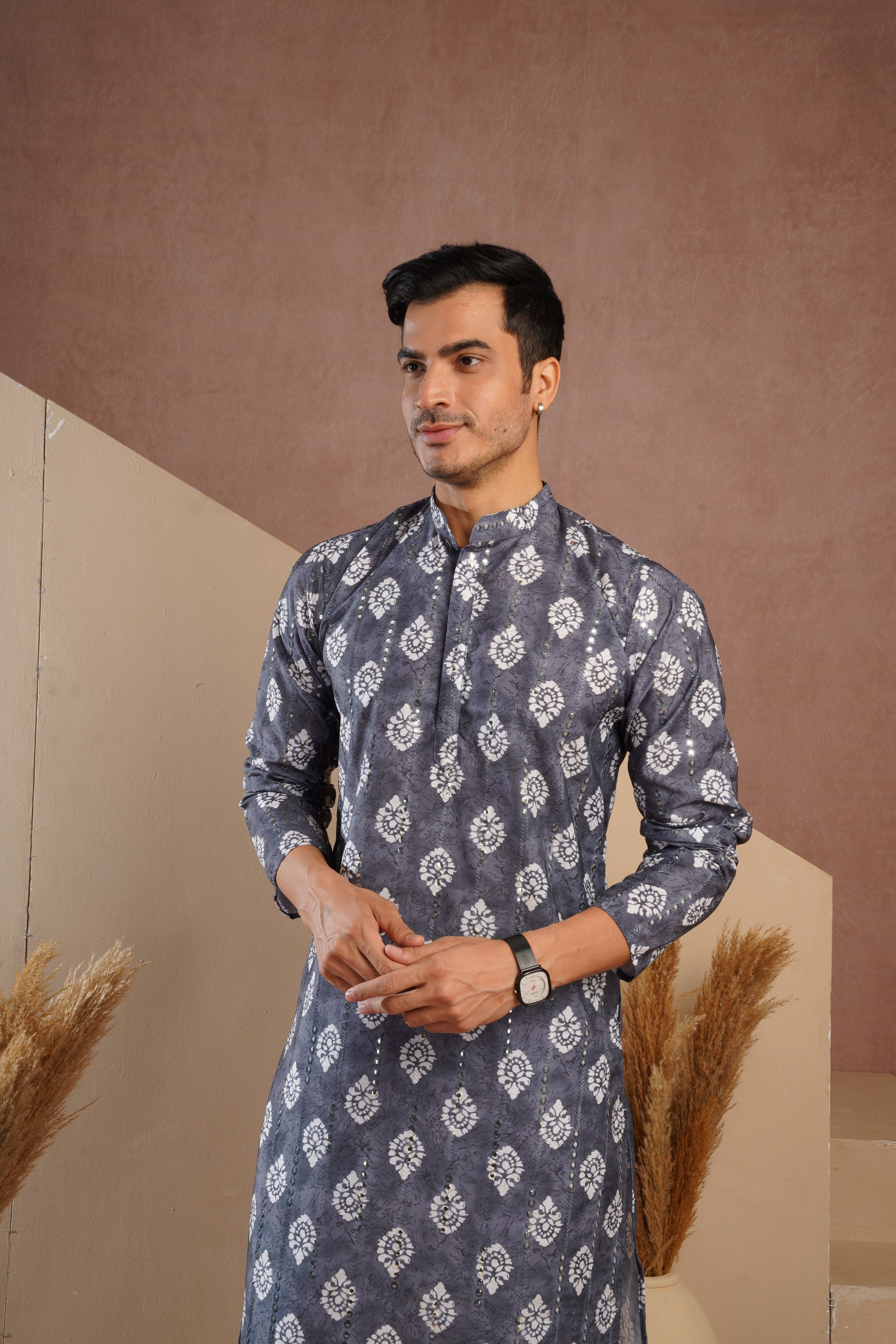 Grey Ethnic Block Print Kurta set with sequin highlights