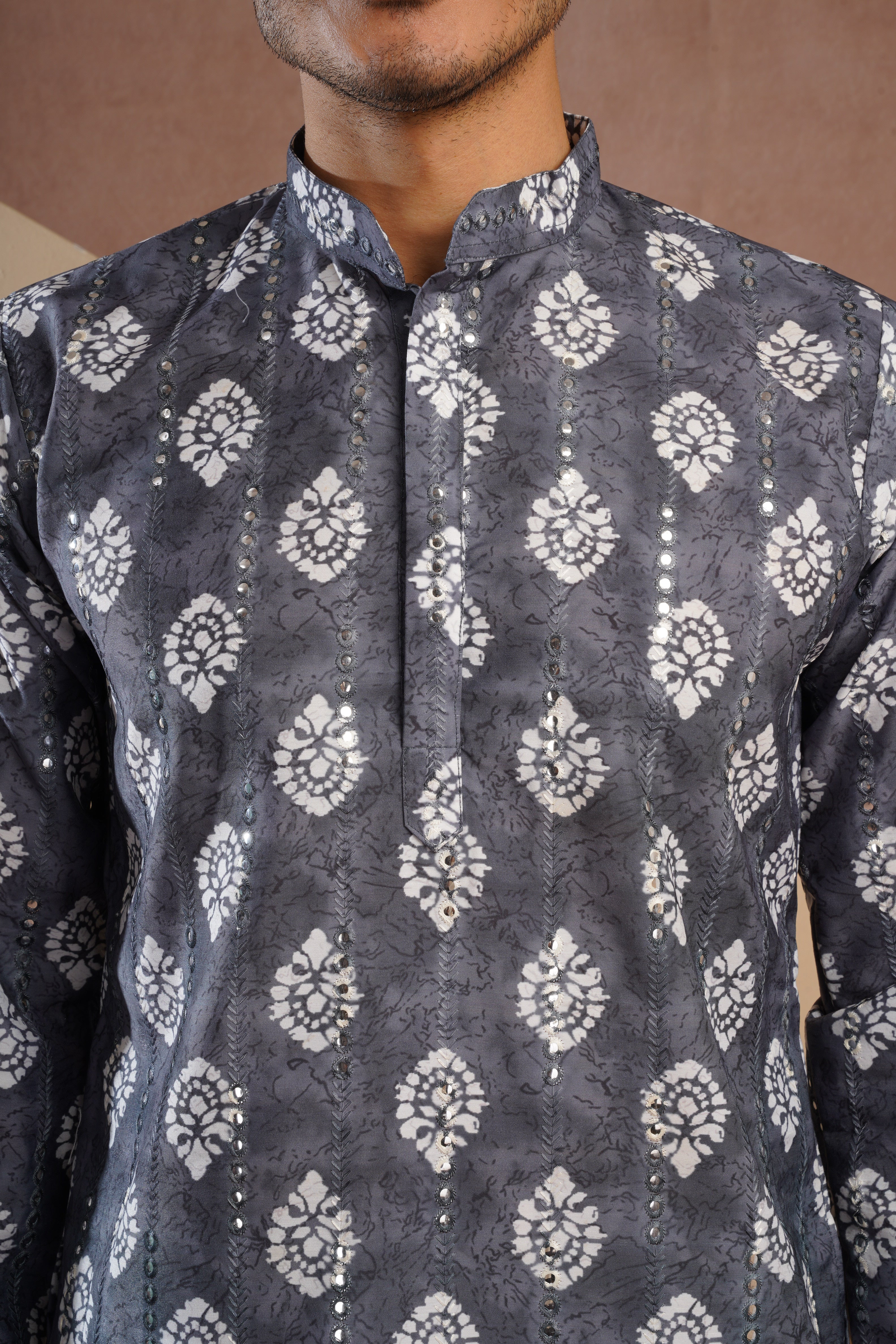Grey Ethnic Block Print Kurta set with sequin highlights