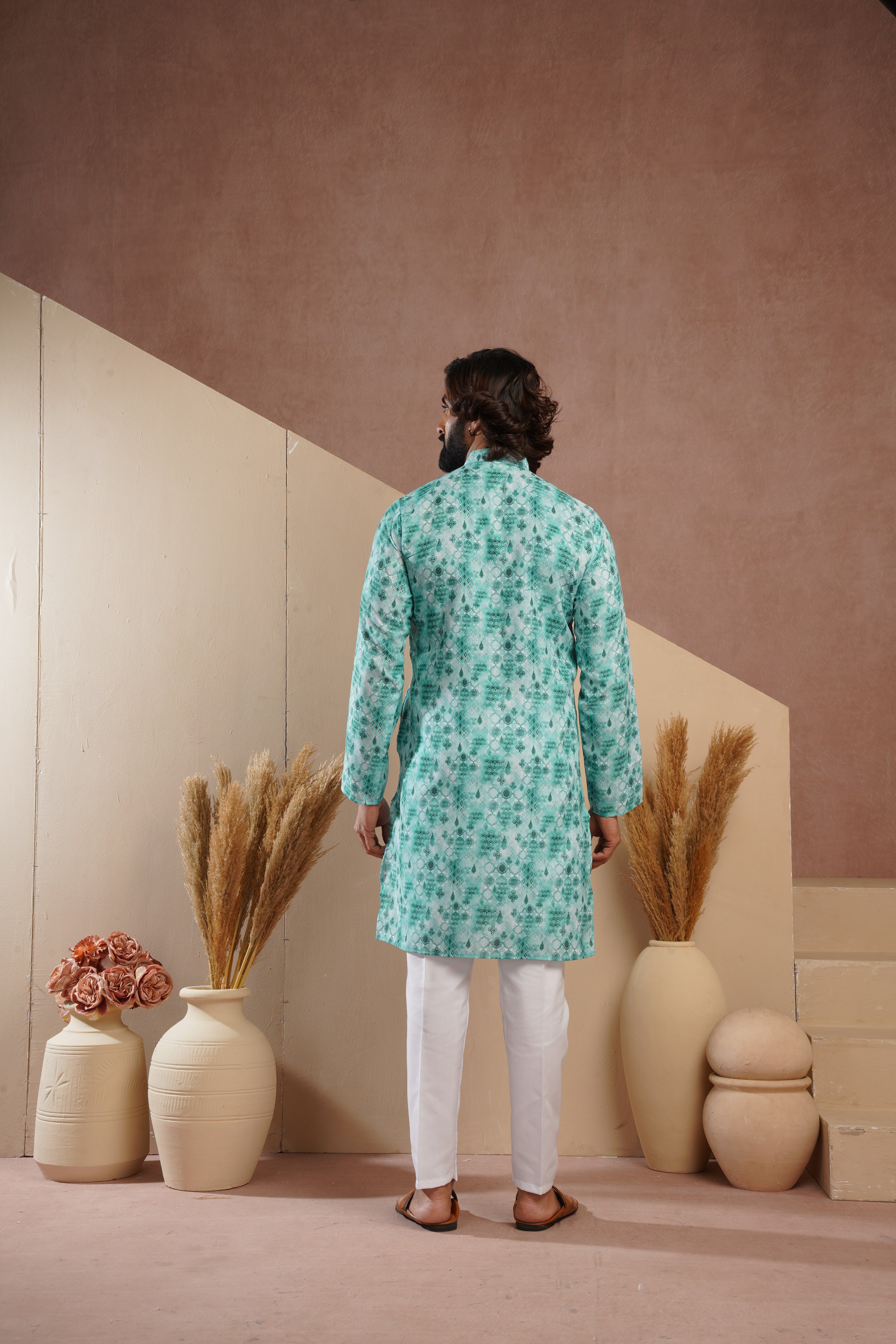 Classic Green All-Over Print Kurta Set for Mens
