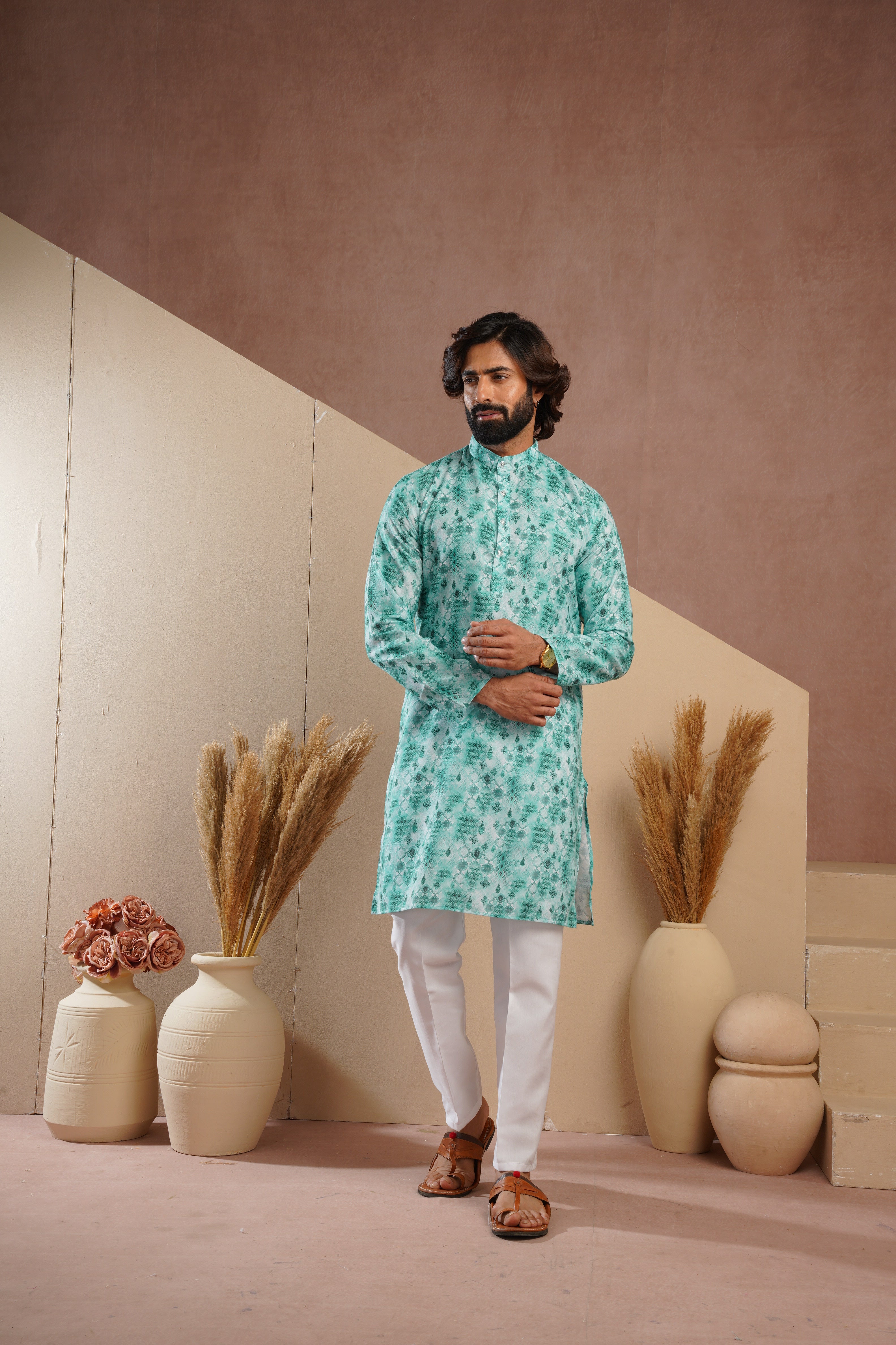 Classic Green All-Over Print Kurta Set for Mens