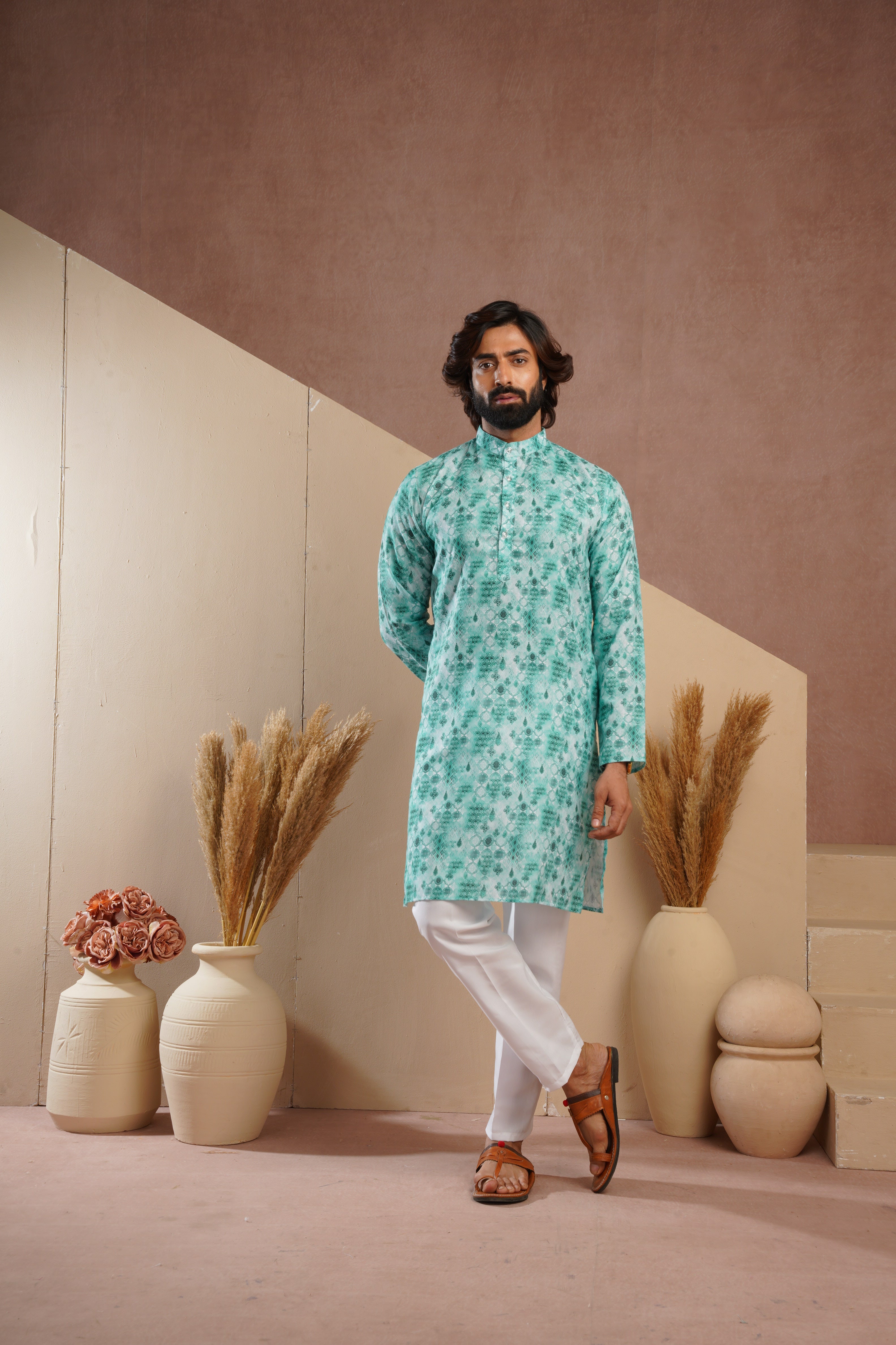 Classic Green All-Over Print Kurta Set for Mens
