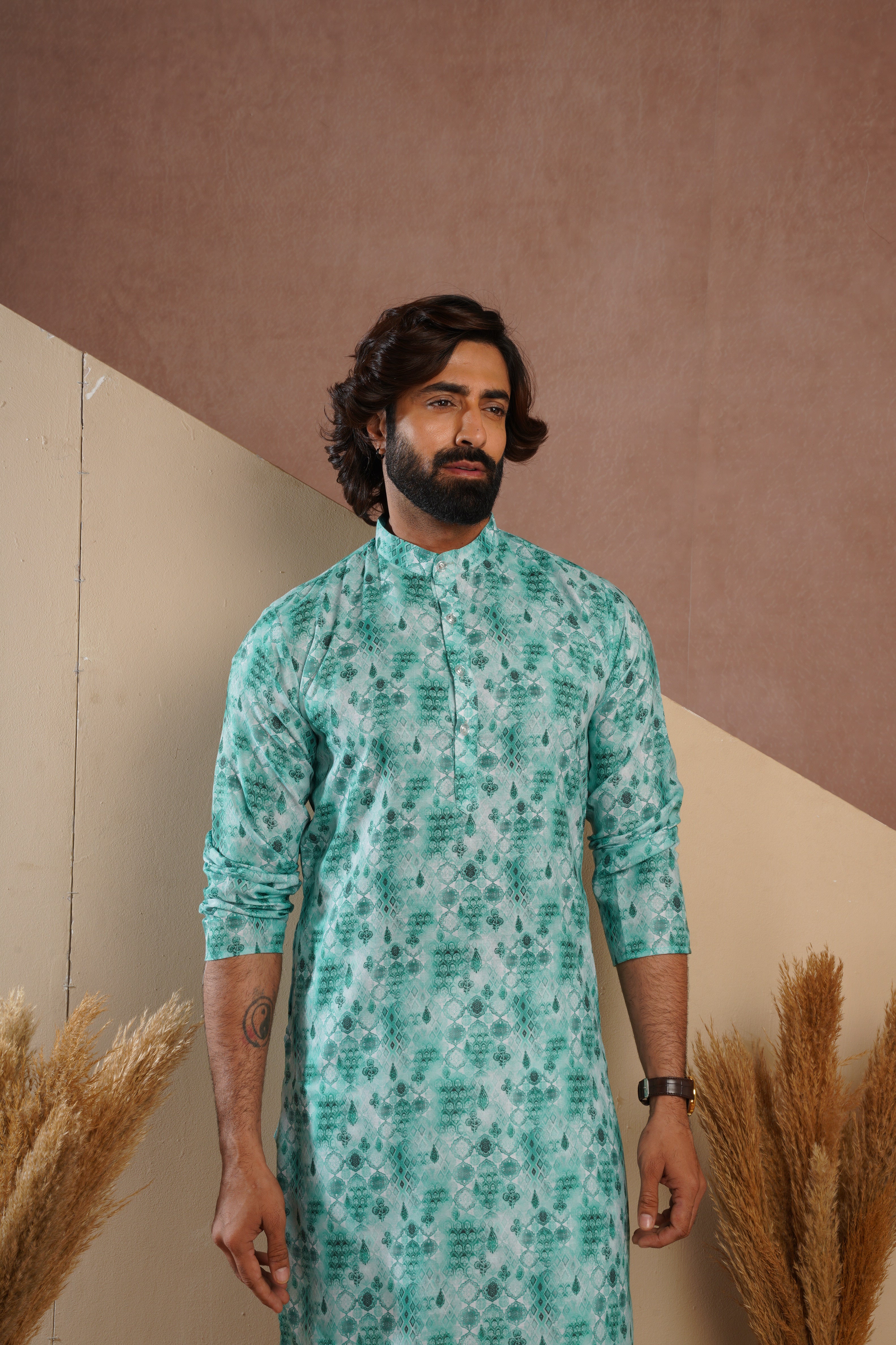 Classic Green All-Over Print Kurta Set for Mens