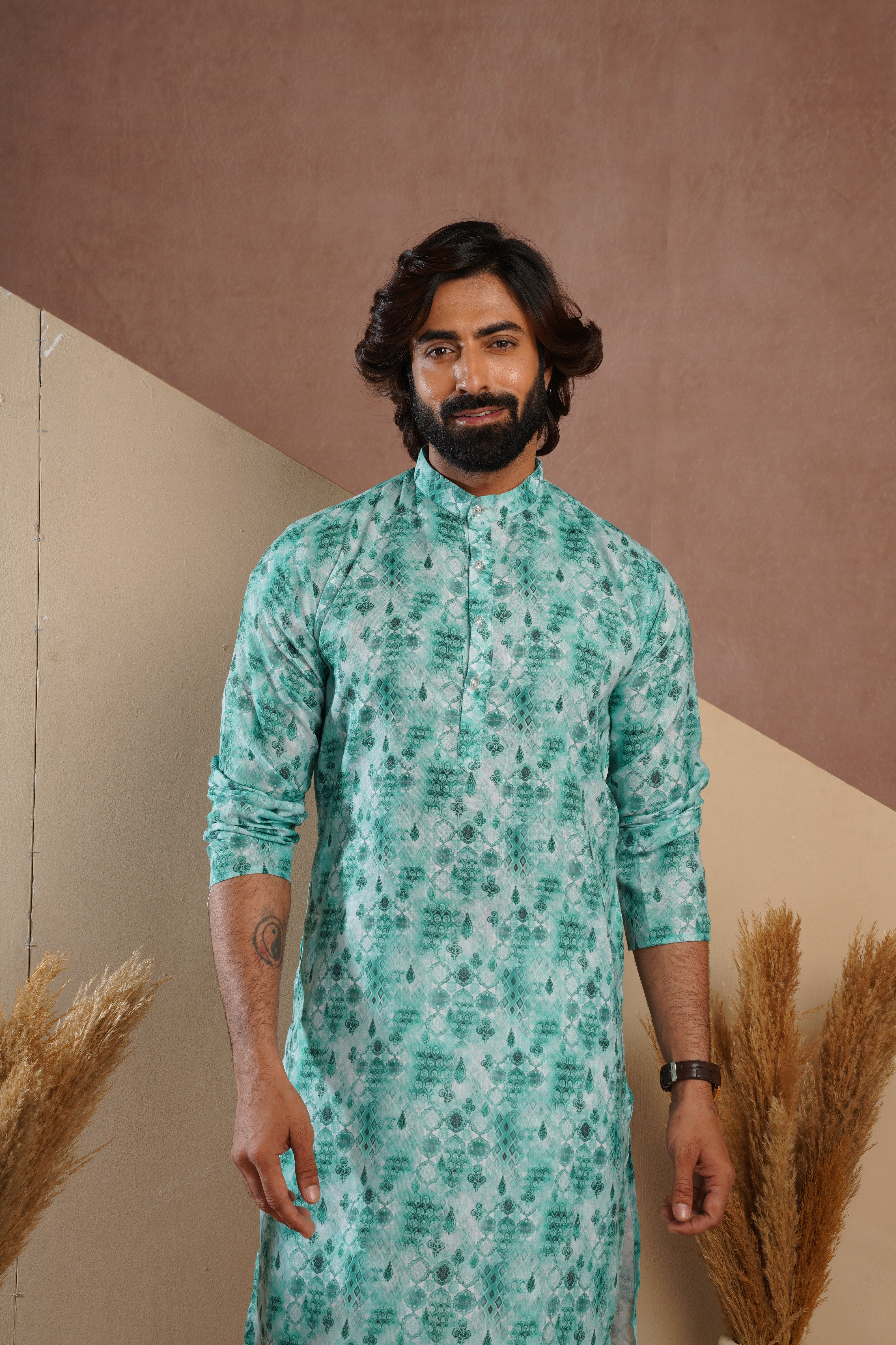 Classic Green All-Over Print Kurta Set for Mens