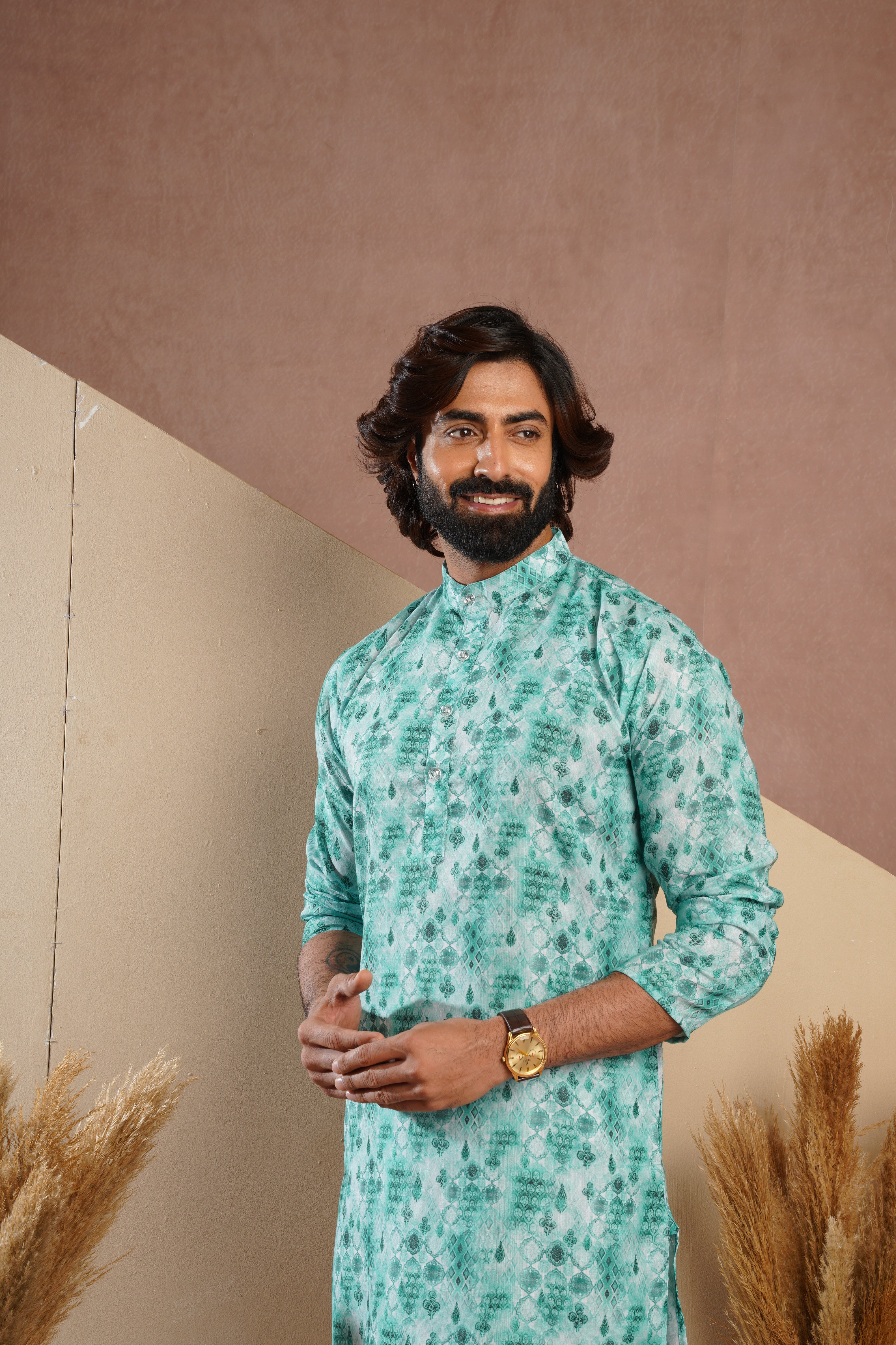 Classic Green All-Over Print Kurta Set for Mens