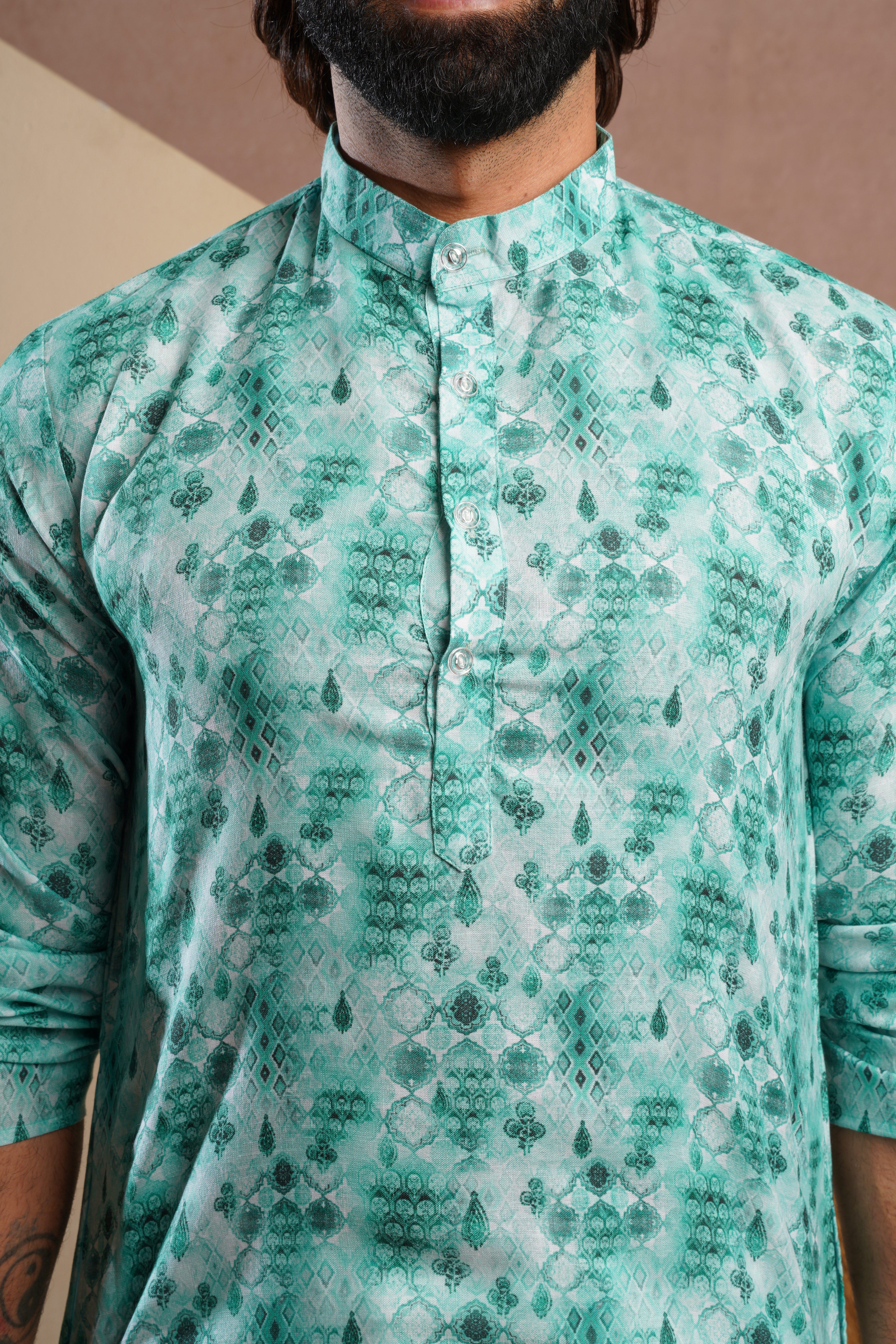 Classic Green All-Over Print Kurta Set for Mens