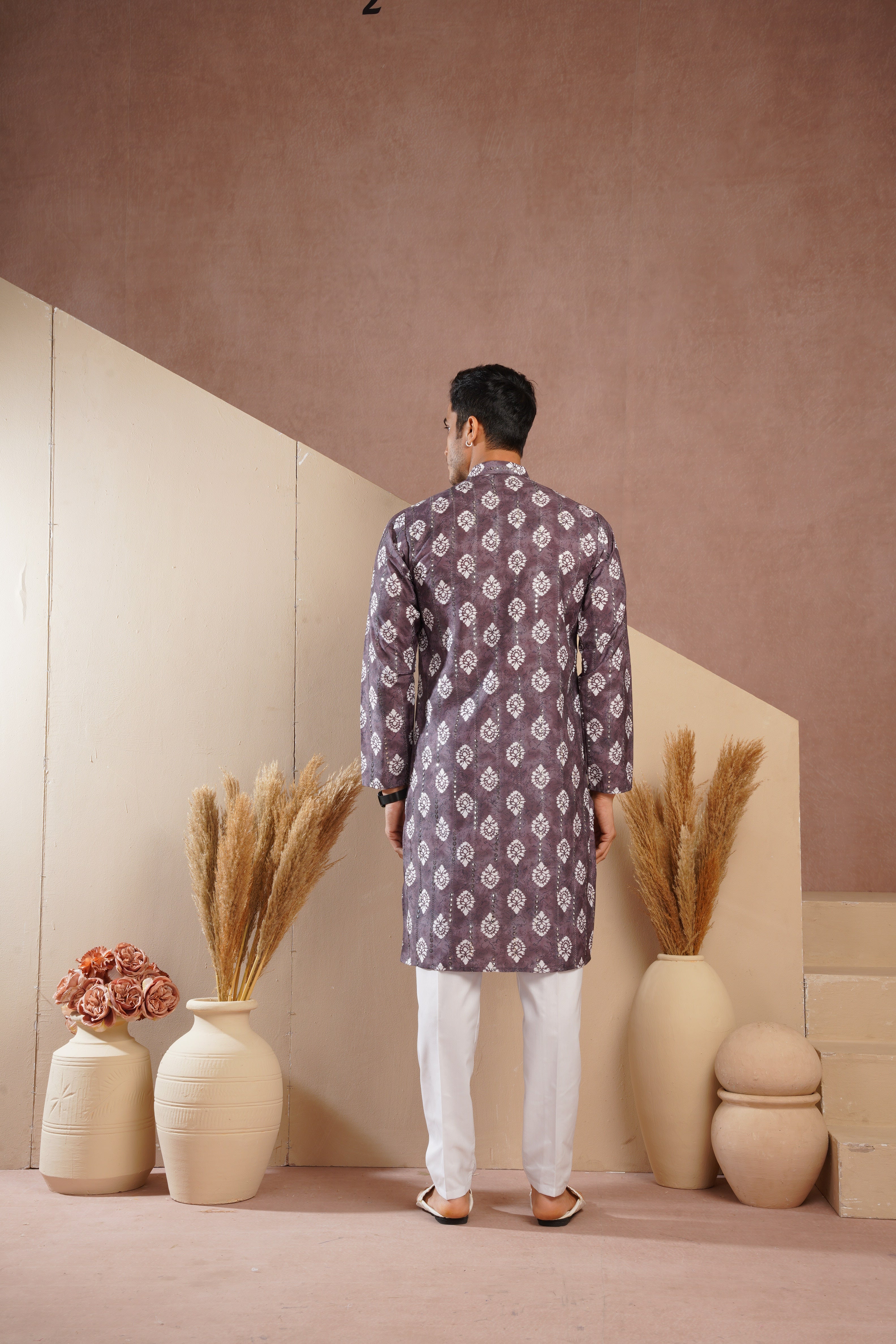 Coffee Ethnic Block Print Kurta set with sequin highlights