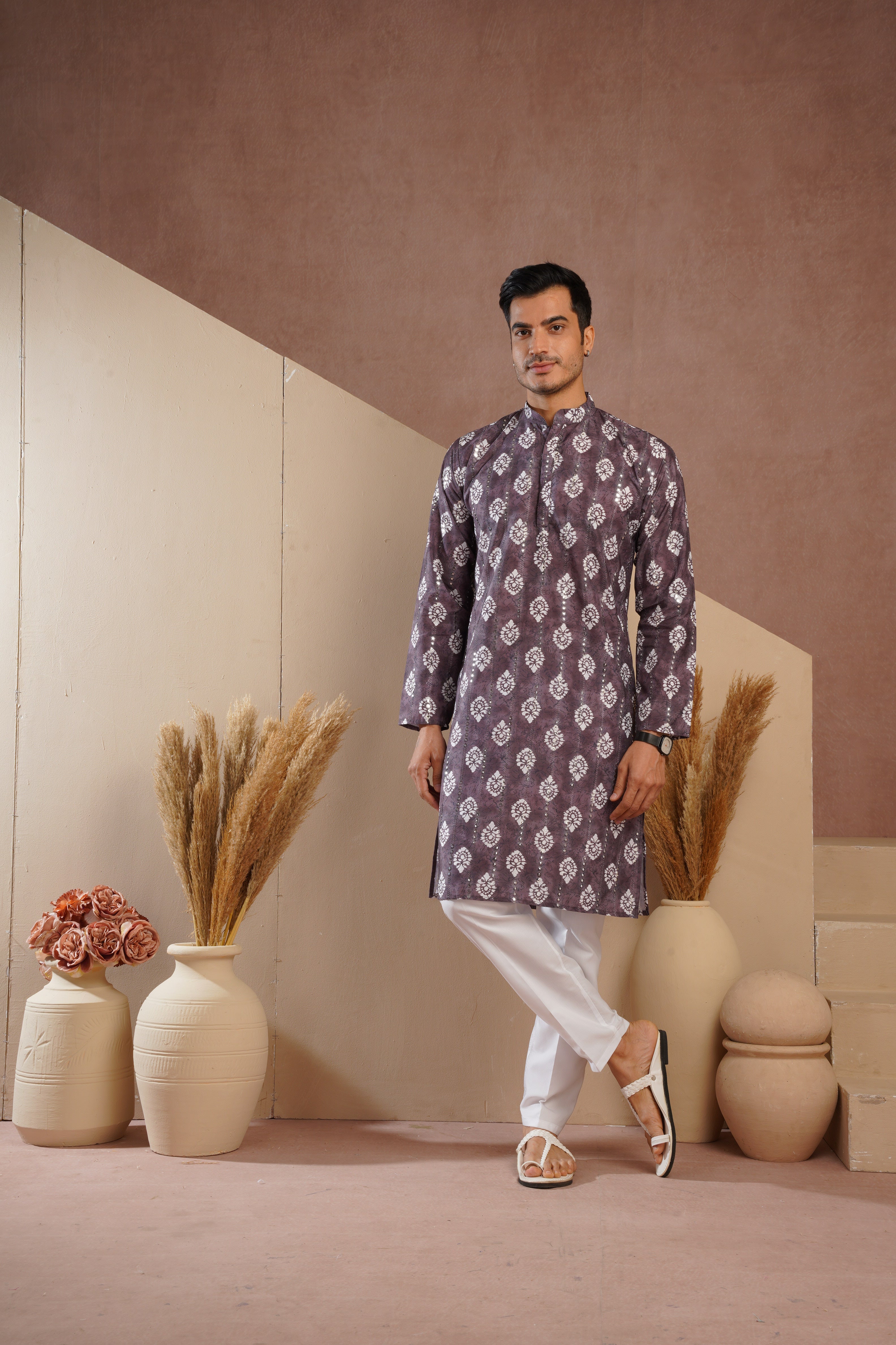 Coffee Ethnic Block Print Kurta set with sequin highlights
