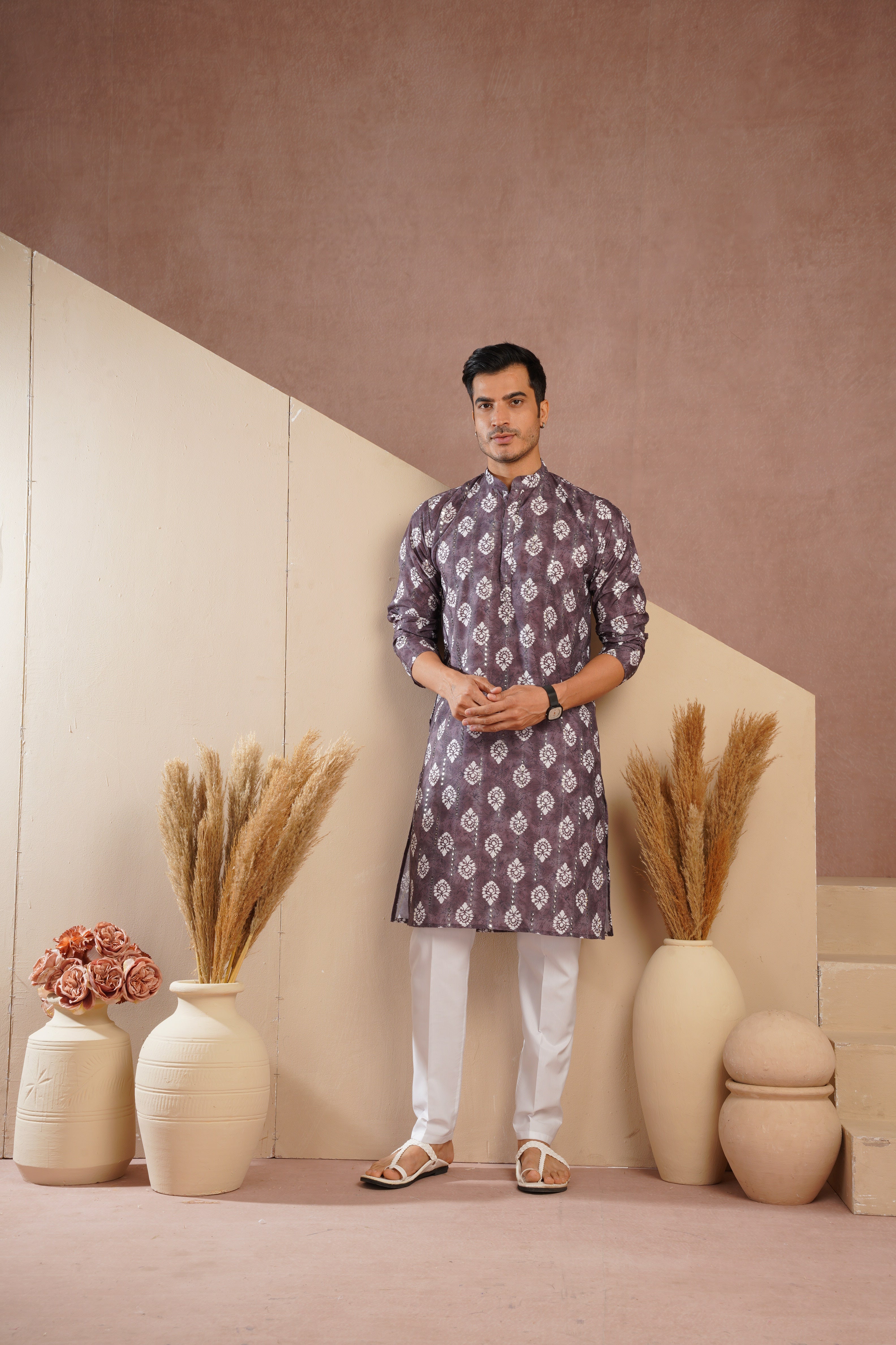 Coffee Ethnic Block Print Kurta set with sequin highlights
