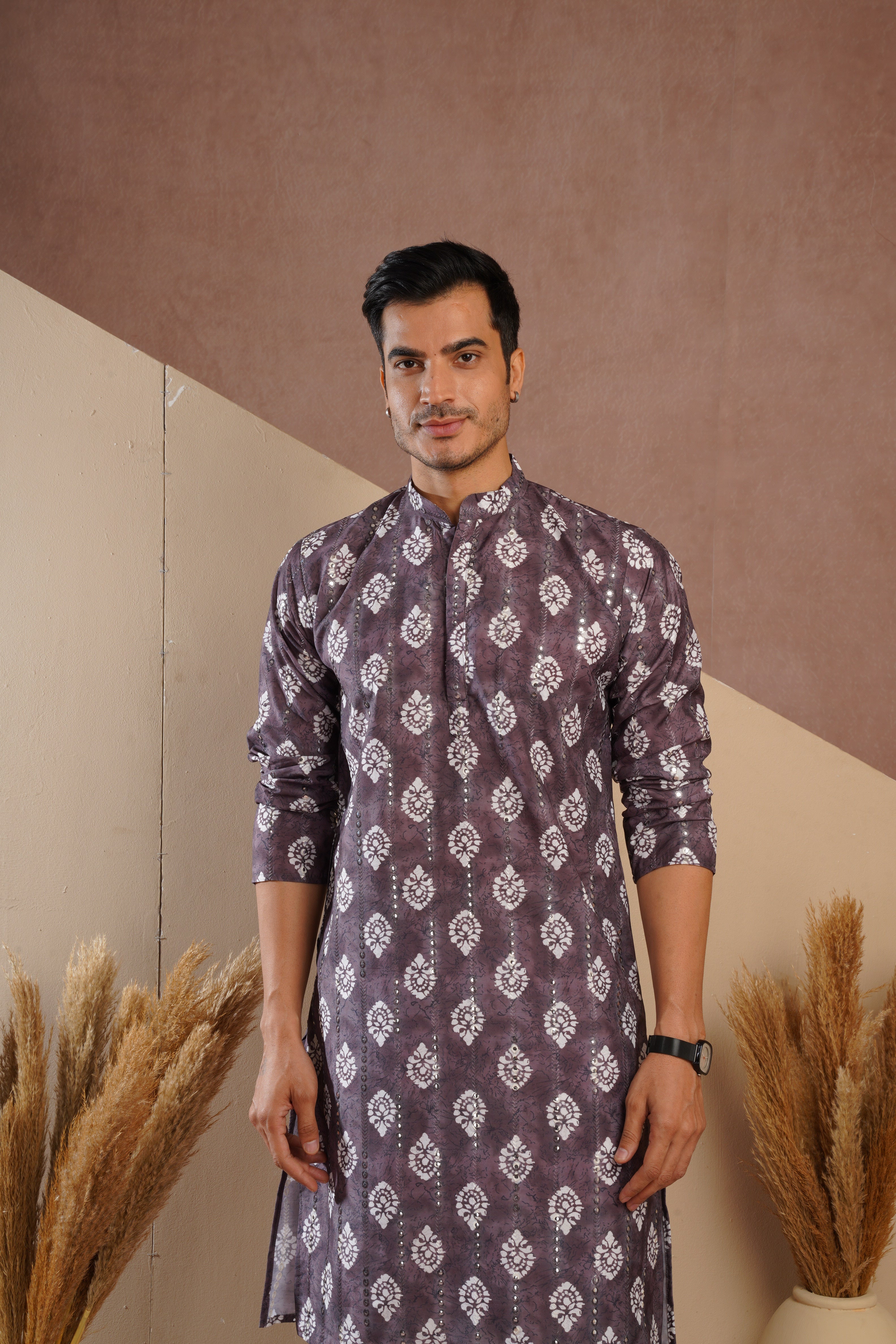 Coffee Ethnic Block Print Kurta set with sequin highlights