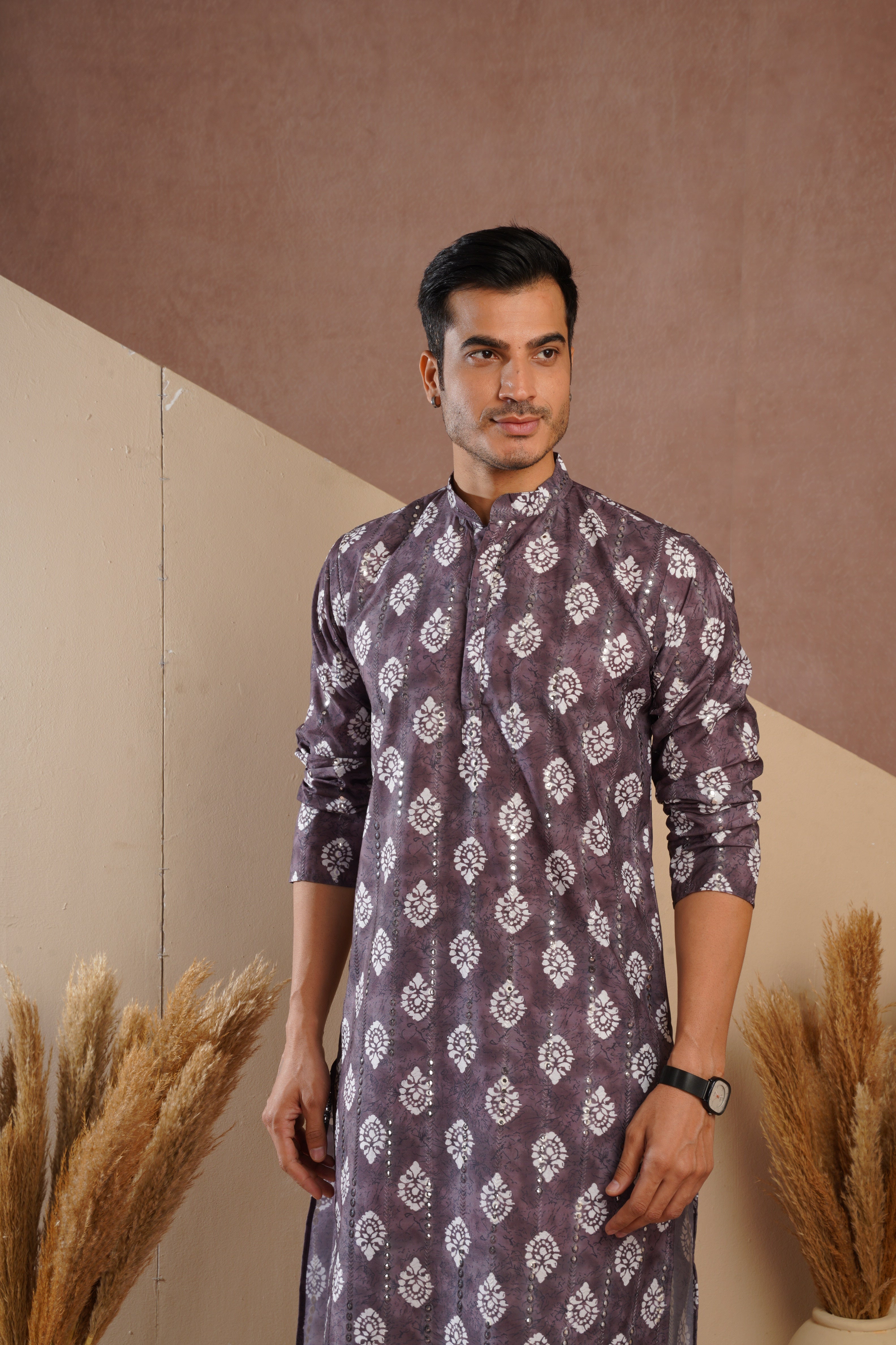 Coffee Ethnic Block Print Kurta set with sequin highlights