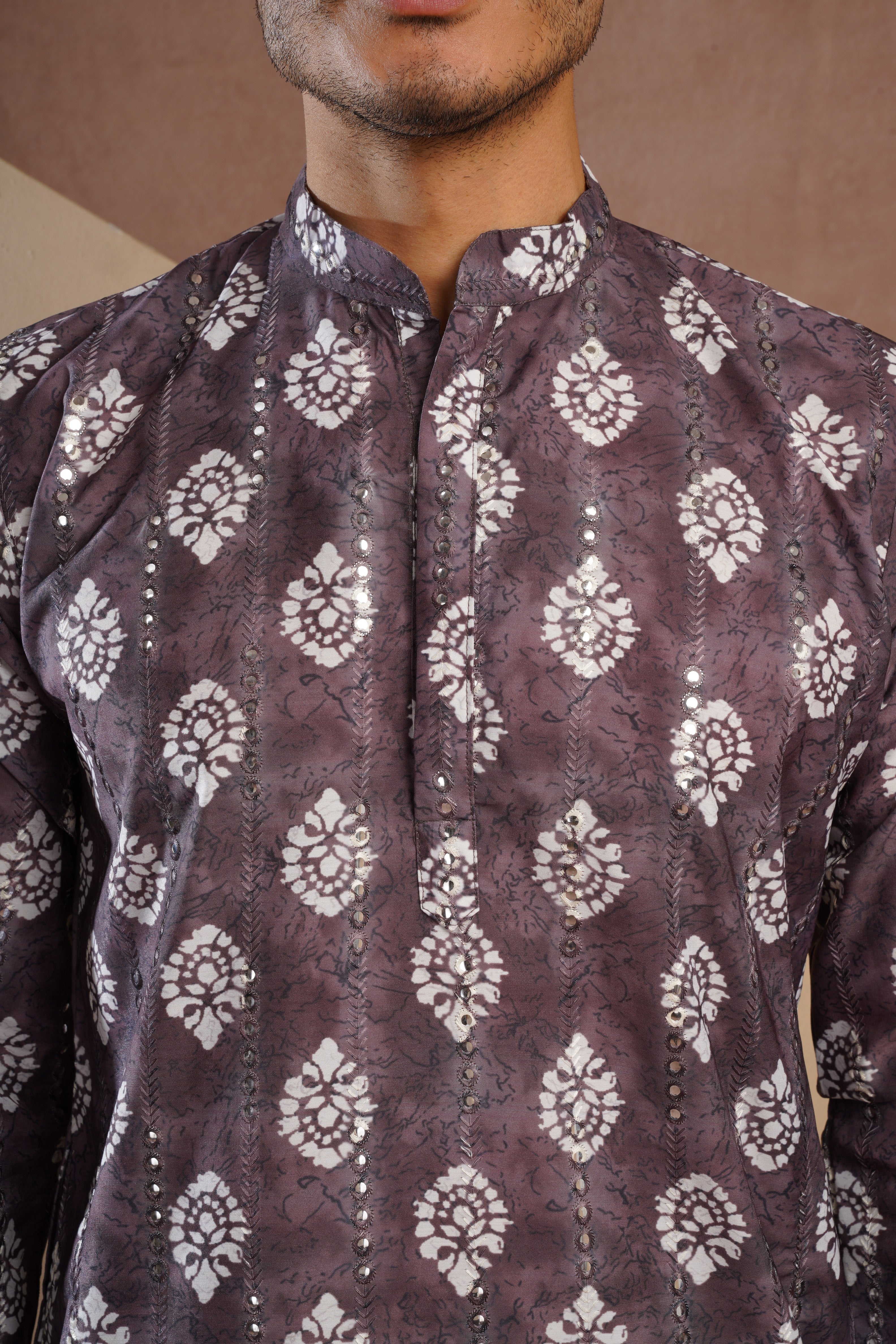 Coffee Ethnic Block Print Kurta set with sequin highlights