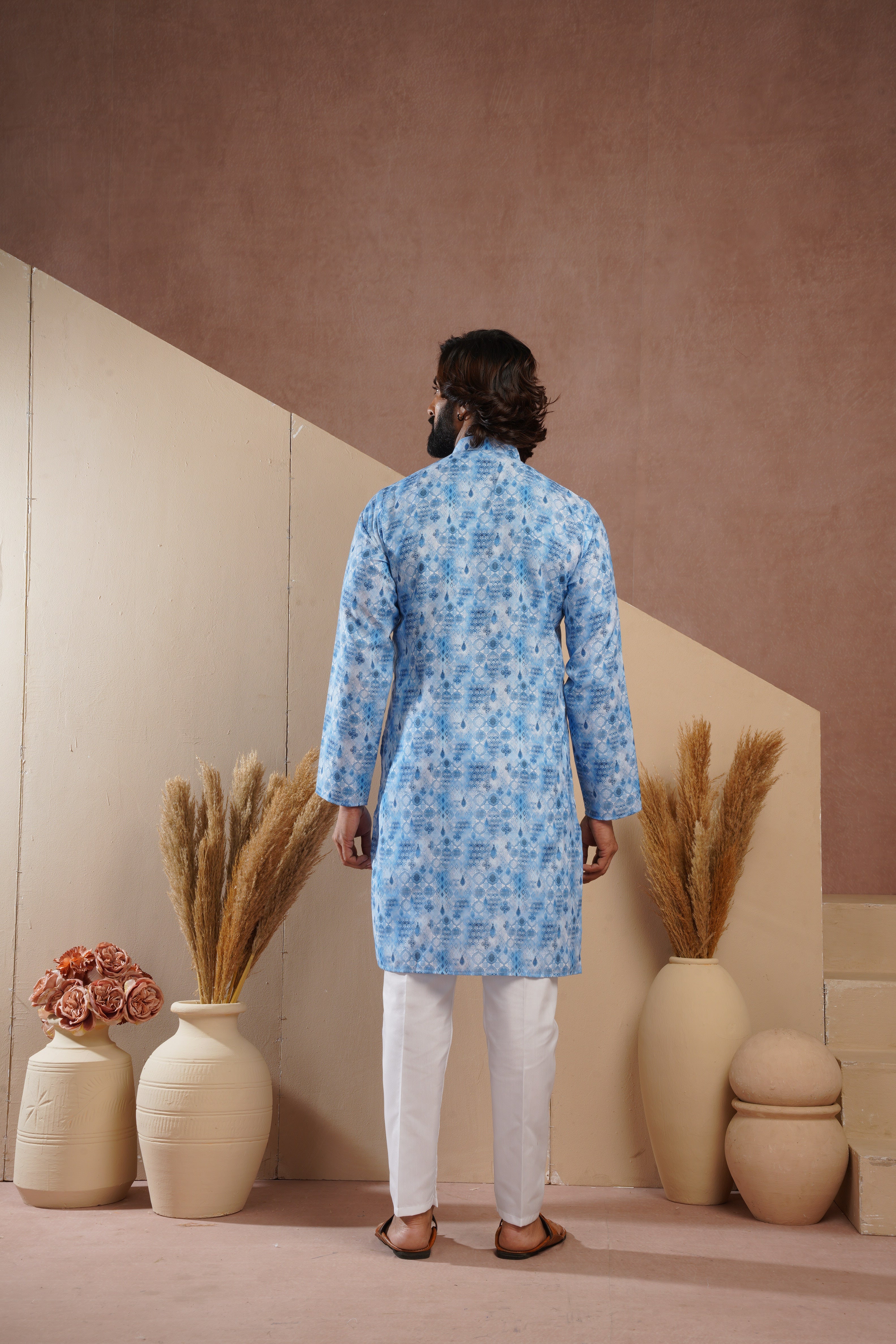 Classic Blue All-Over Print Kurta Set for Mens