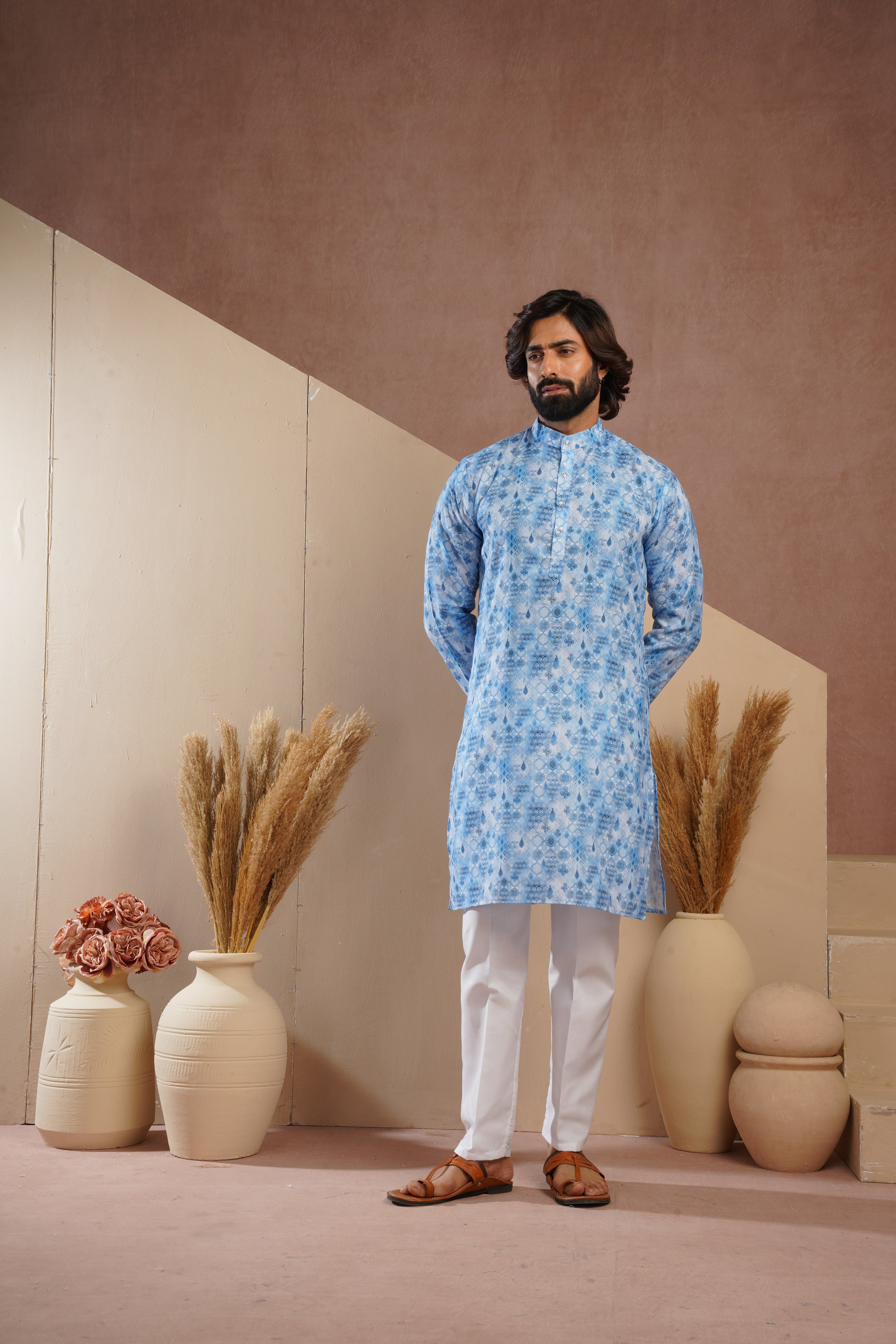 Classic Blue All-Over Print Kurta Set for Mens
