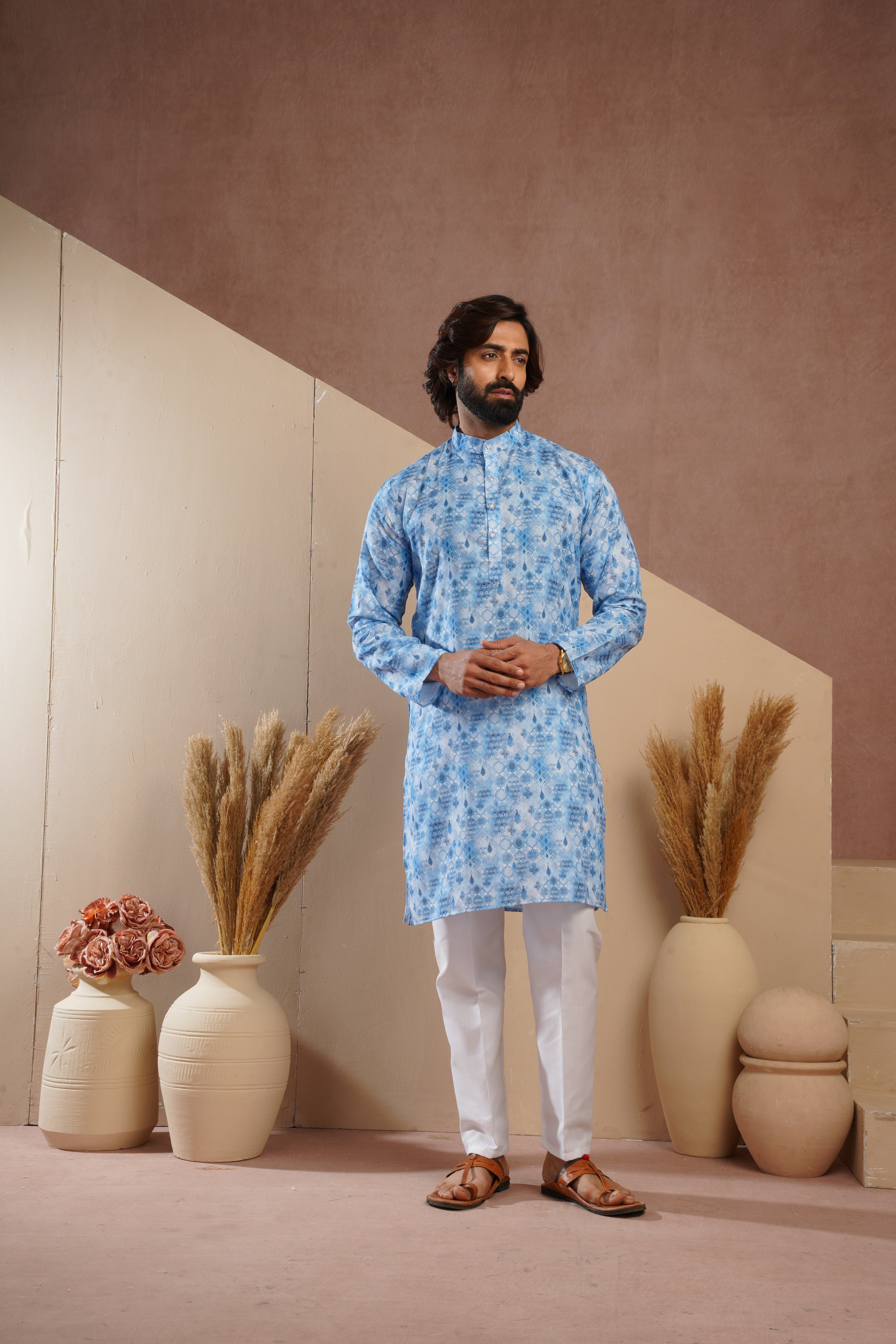 Classic Blue All-Over Print Kurta Set for Mens