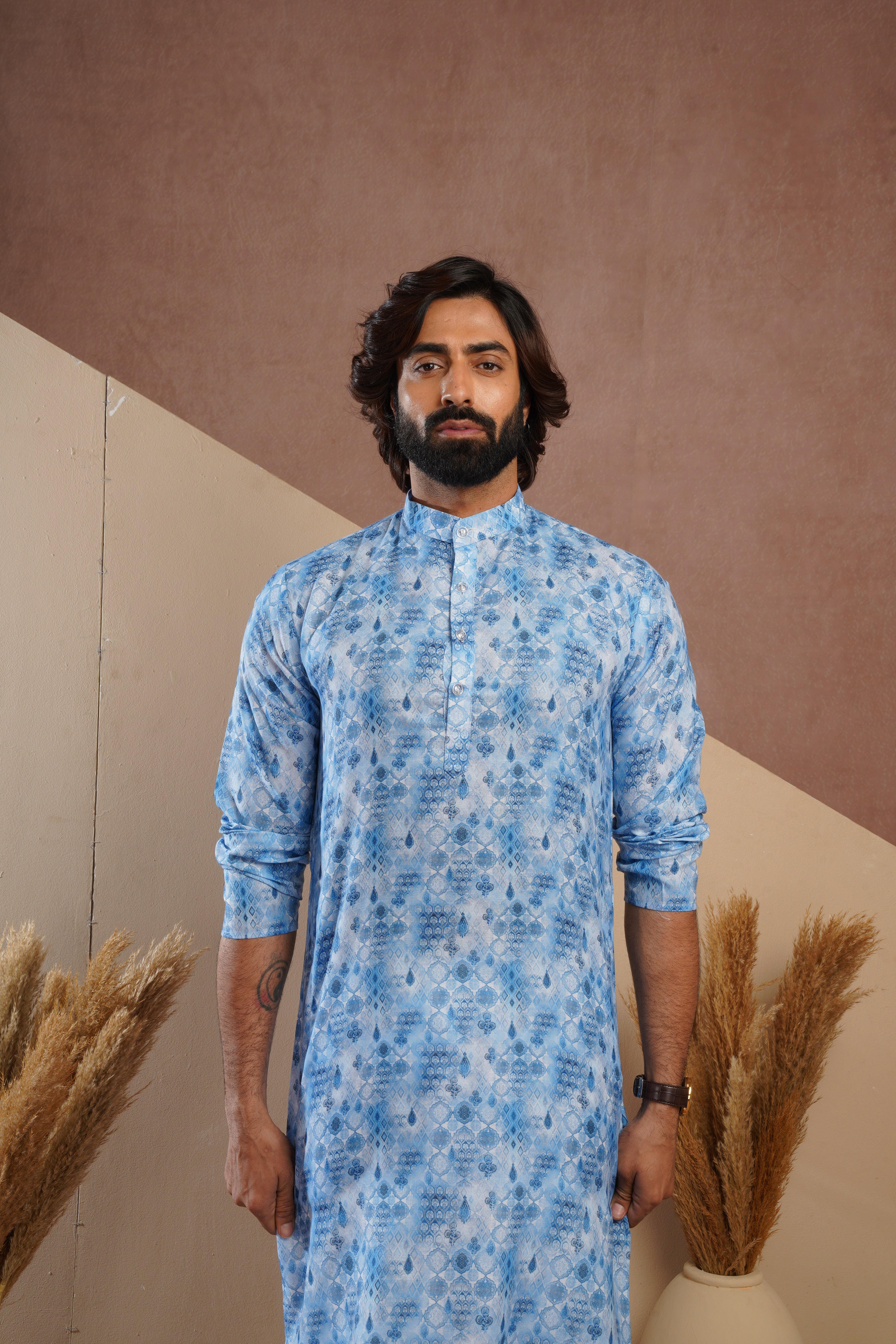 Classic Blue All-Over Print Kurta Set for Mens