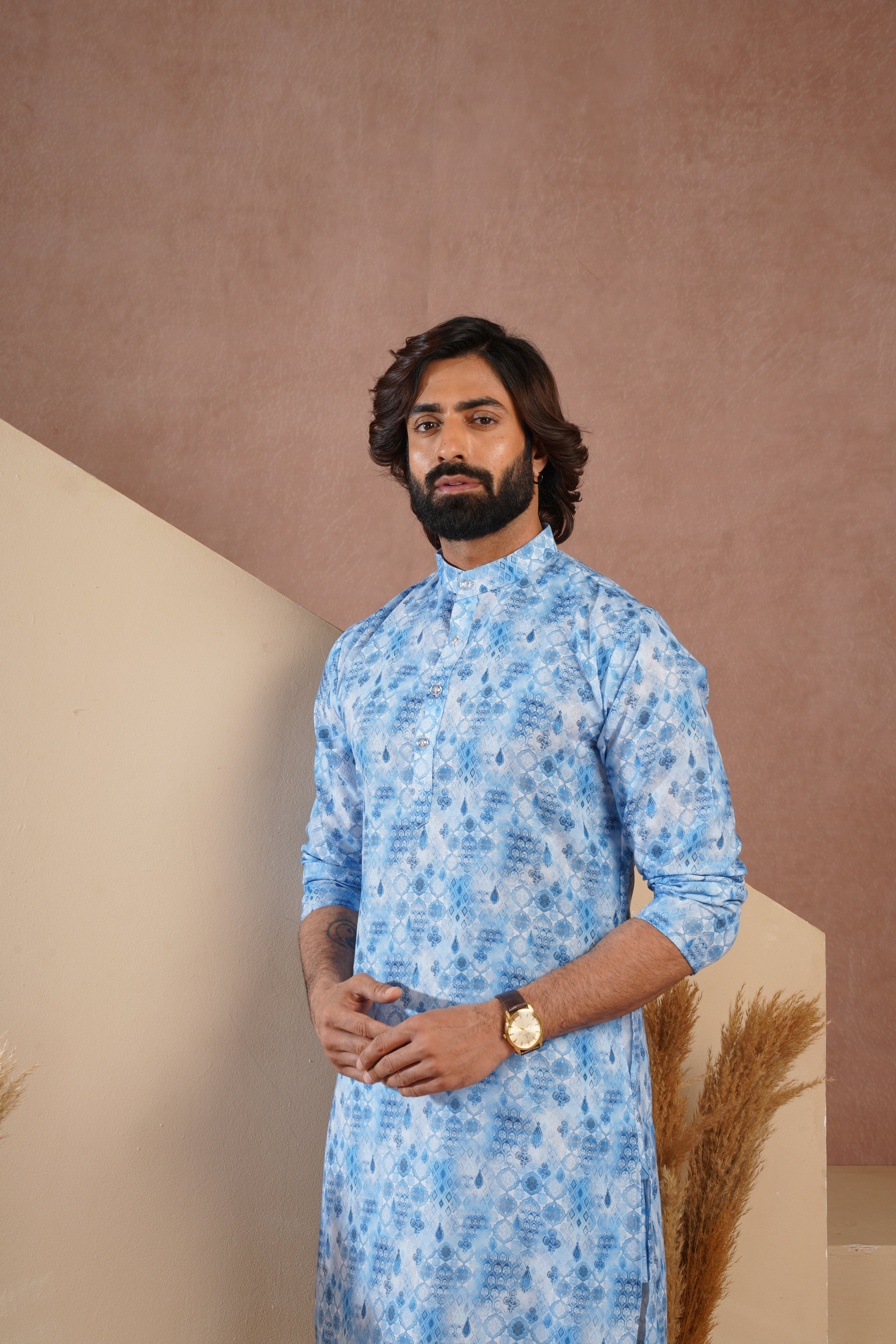 Classic Blue All-Over Print Kurta Set for Mens