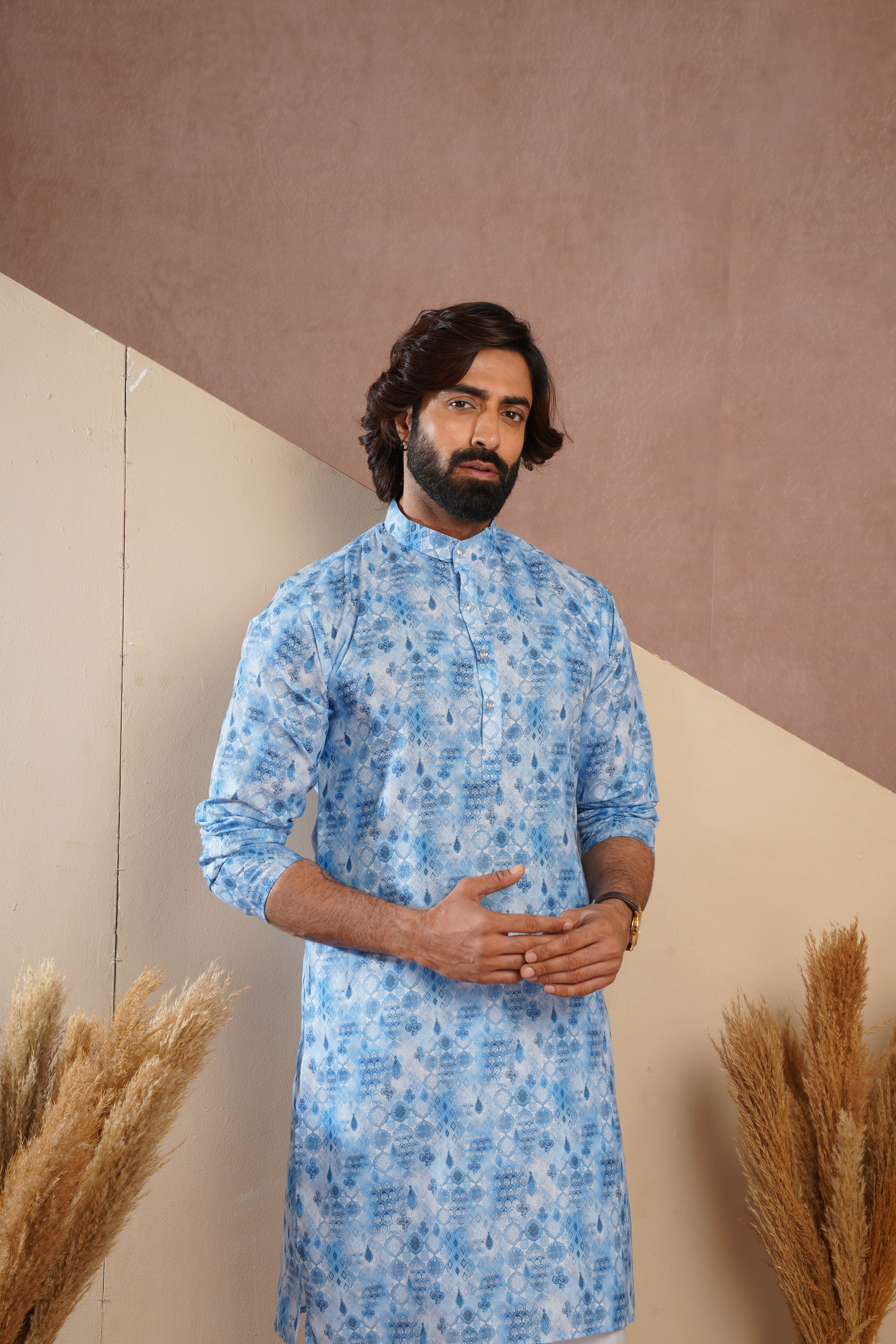 Classic Blue All-Over Print Kurta Set for Mens