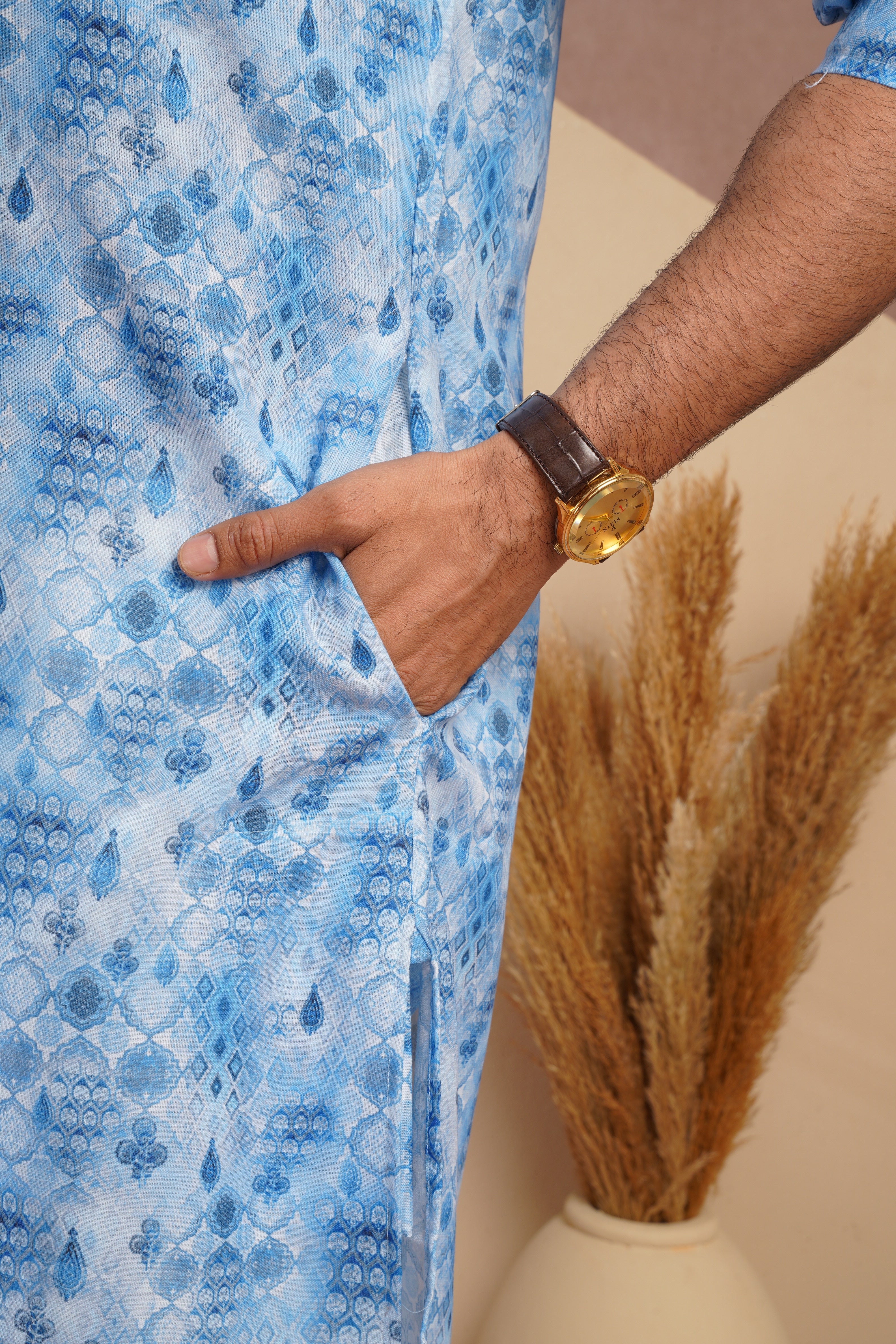 Classic Blue All-Over Print Kurta Set for Mens