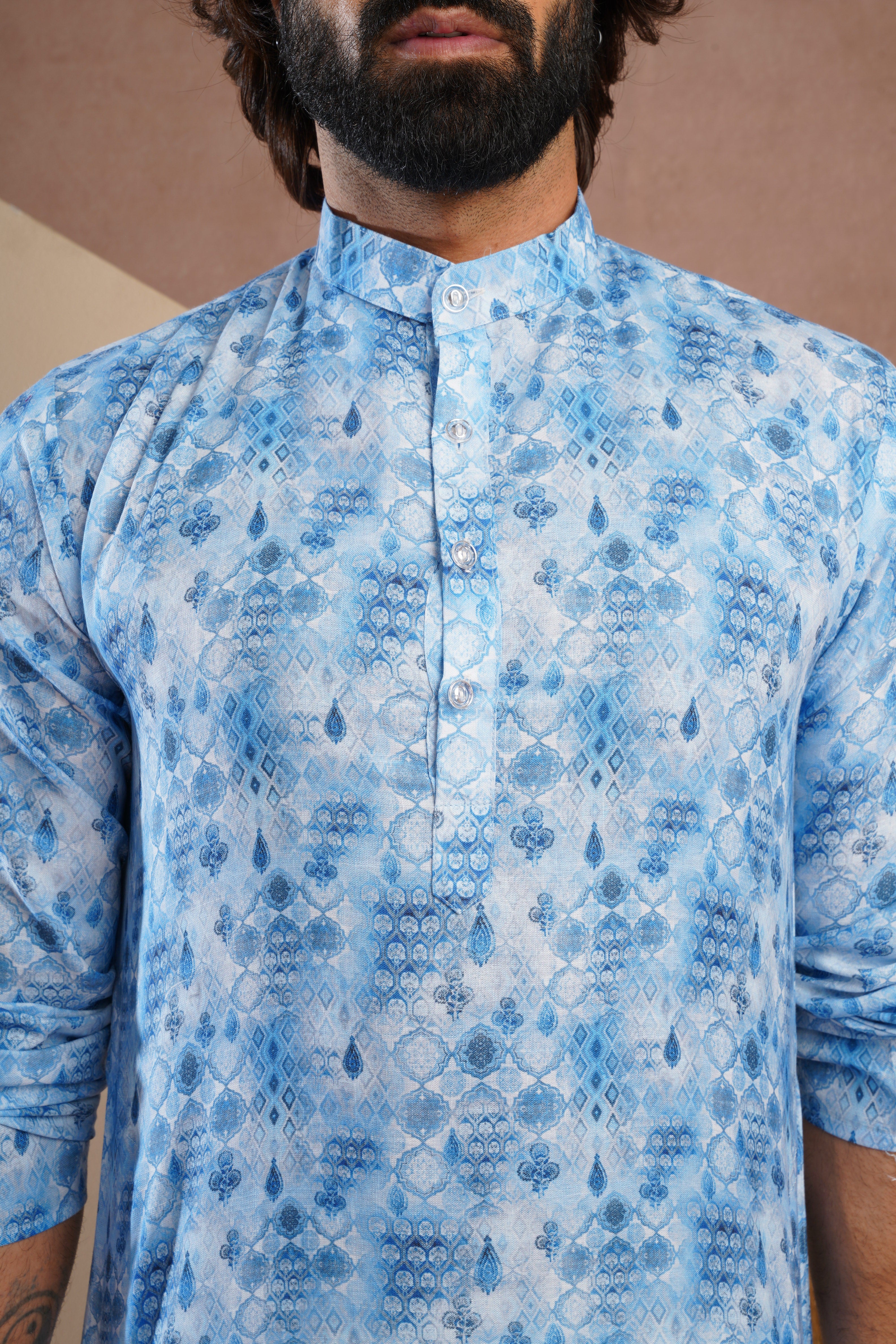 Classic Blue All-Over Print Kurta Set for Mens