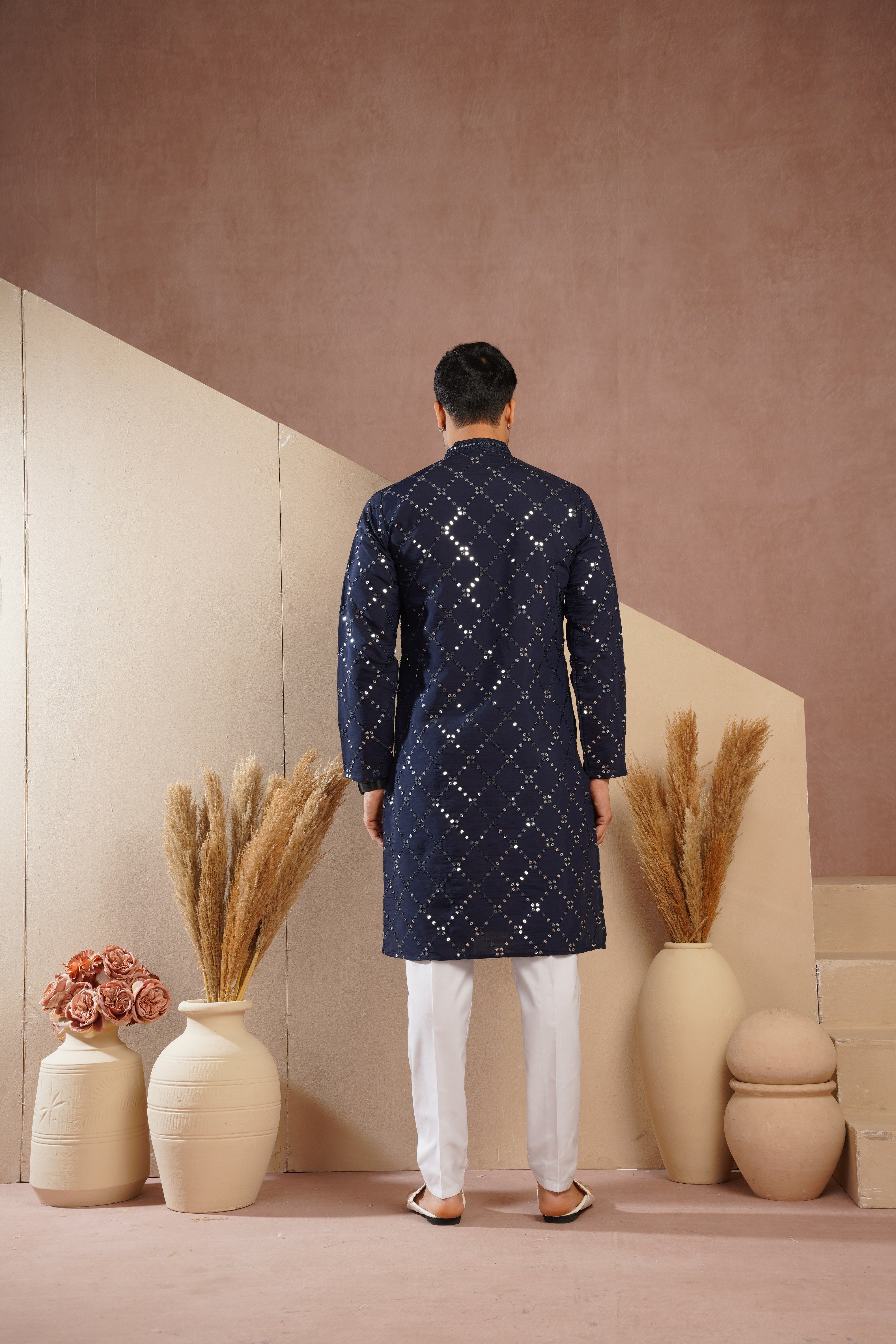 Riwaayat Dark Blue Sequin Embroidered Kurta Set for Men