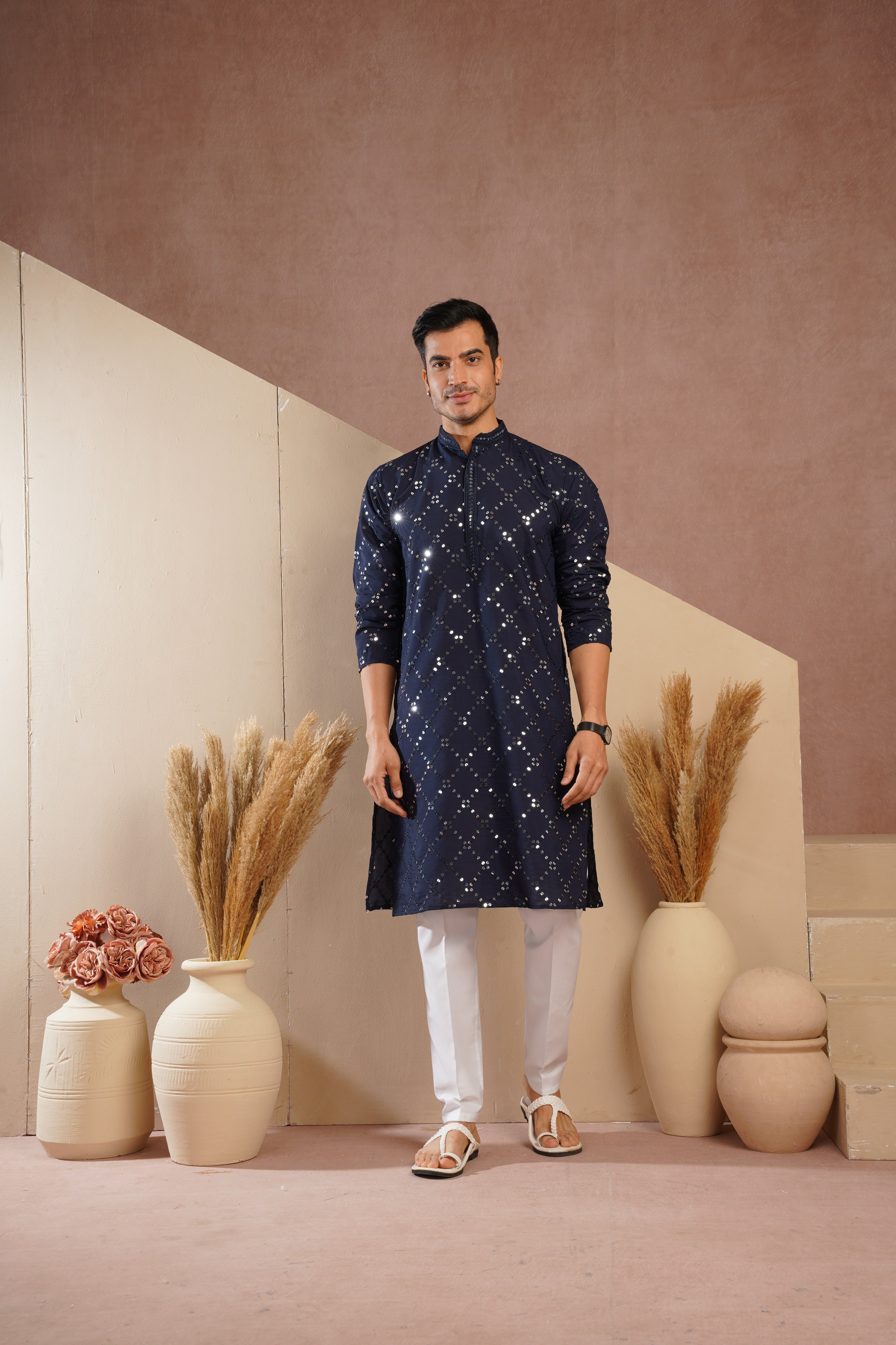 Riwaayat Dark Blue Sequin Embroidered Kurta Set for Men