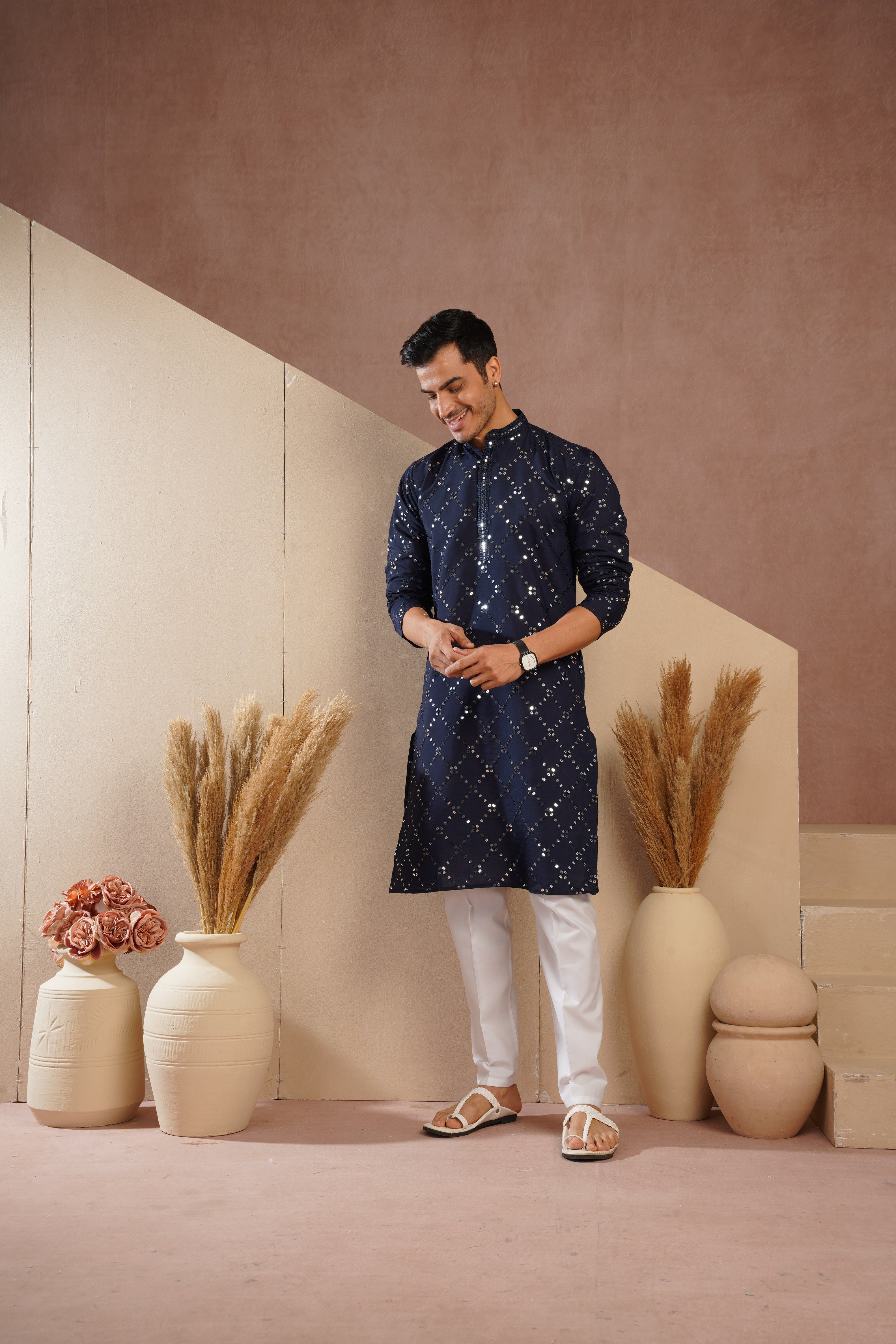 Riwaayat Dark Blue Sequin Embroidered Kurta Set for Men