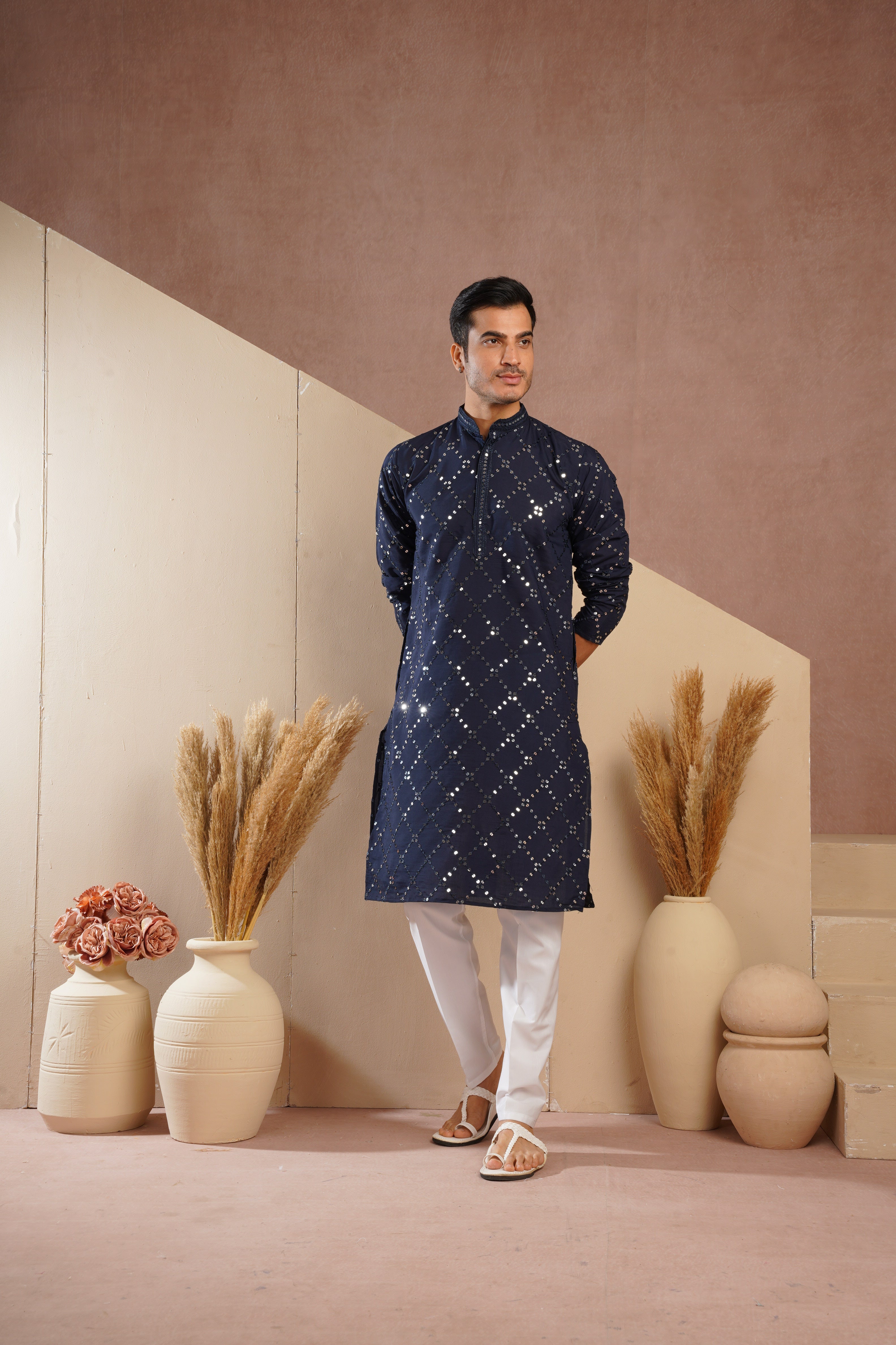 Riwaayat Dark Blue Sequin Embroidered Kurta Set for Men