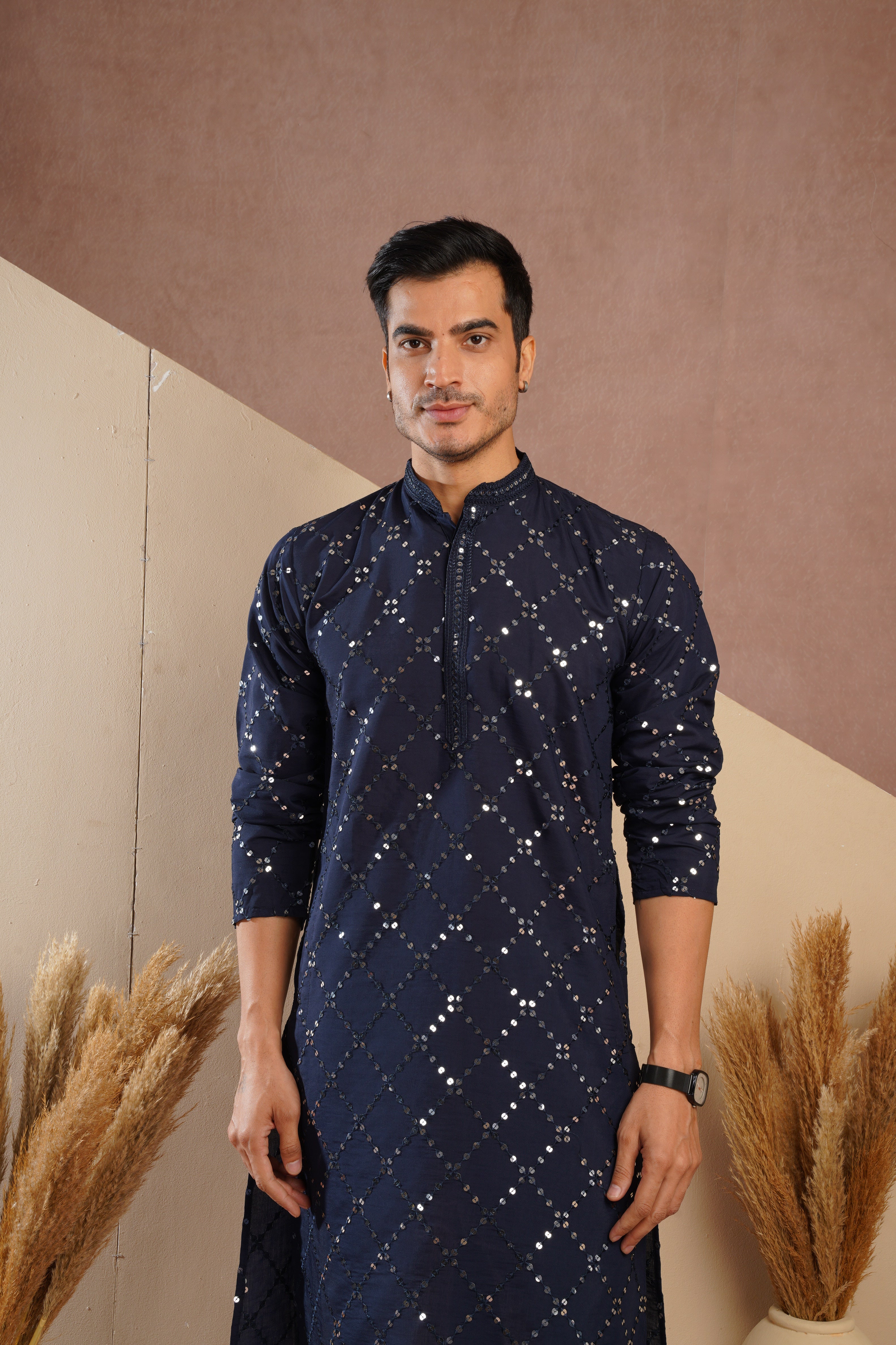 Riwaayat Dark Blue Sequin Embroidered Kurta Set for Men