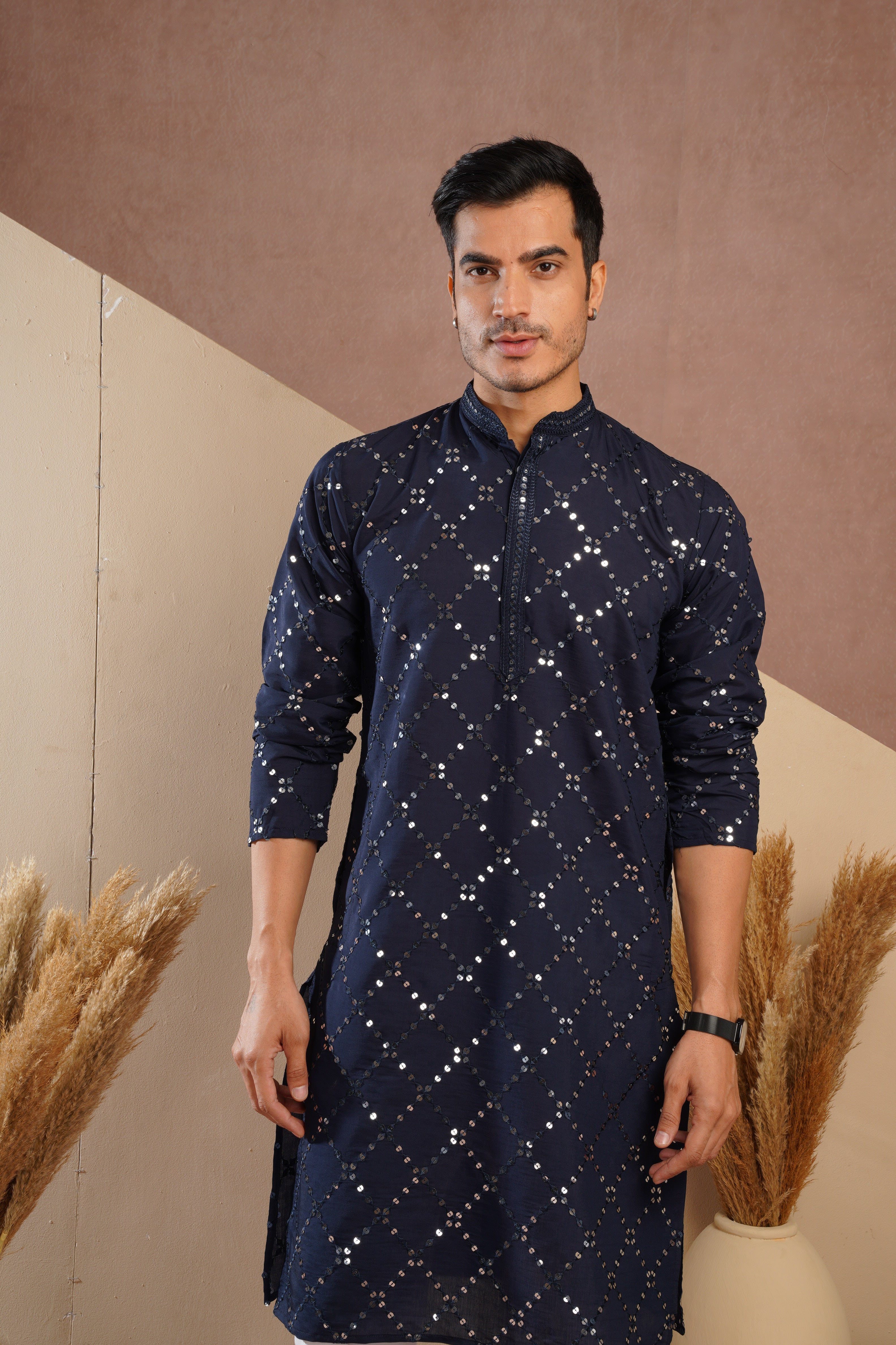 Riwaayat Dark Blue Sequin Embroidered Kurta Set for Men