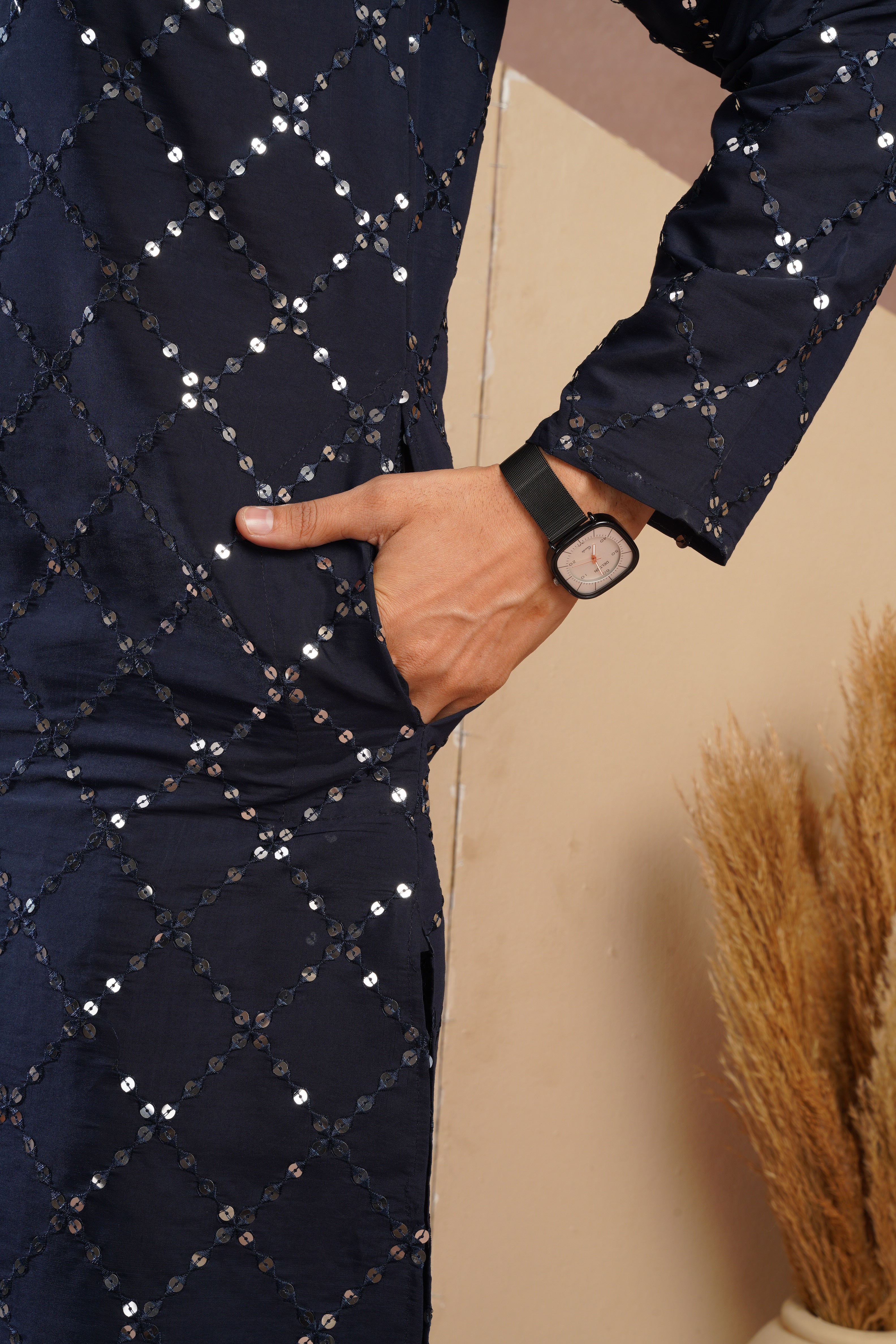Riwaayat Dark Blue Sequin Embroidered Kurta Set for Men