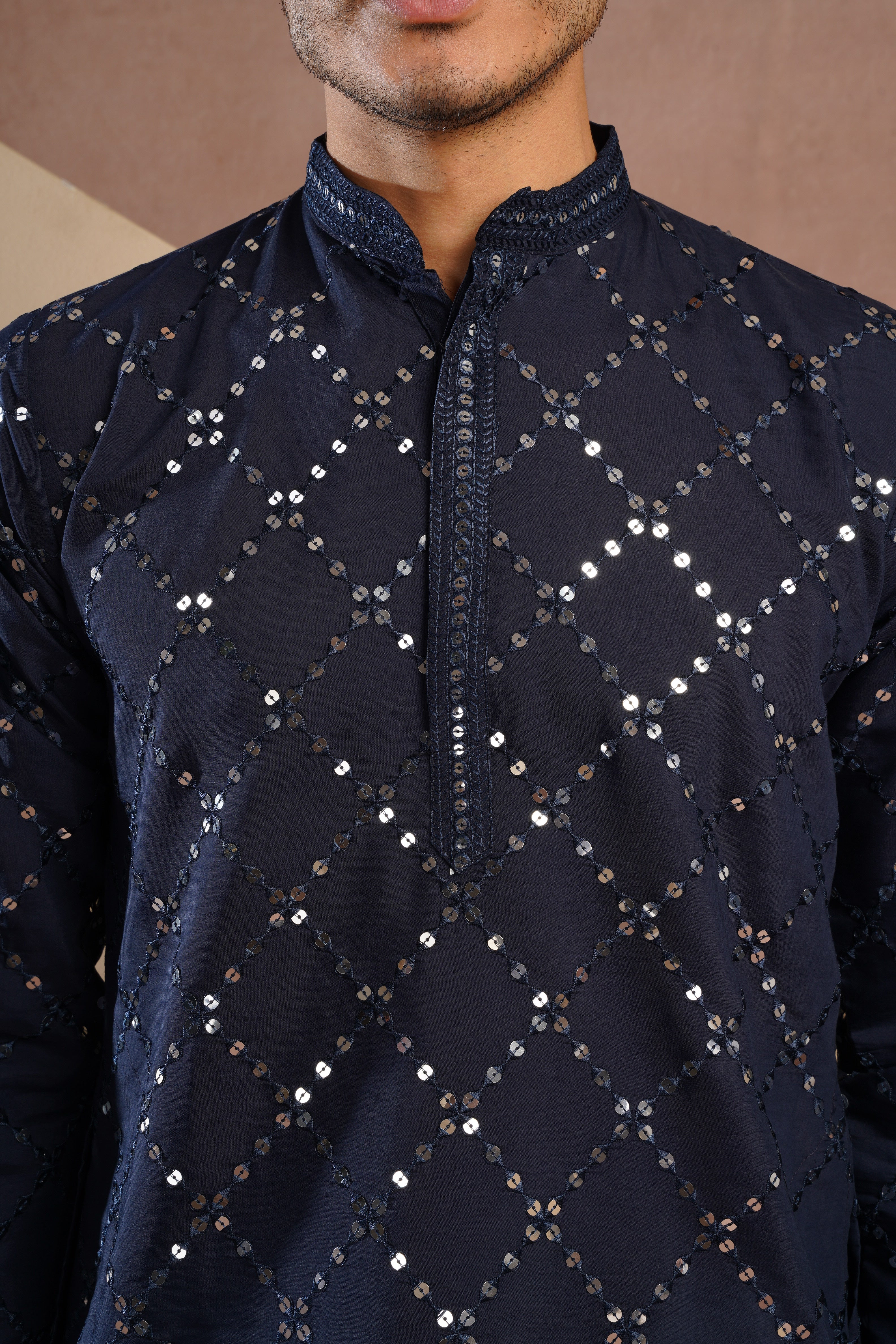 Riwaayat Dark Blue Sequin Embroidered Kurta Set for Men