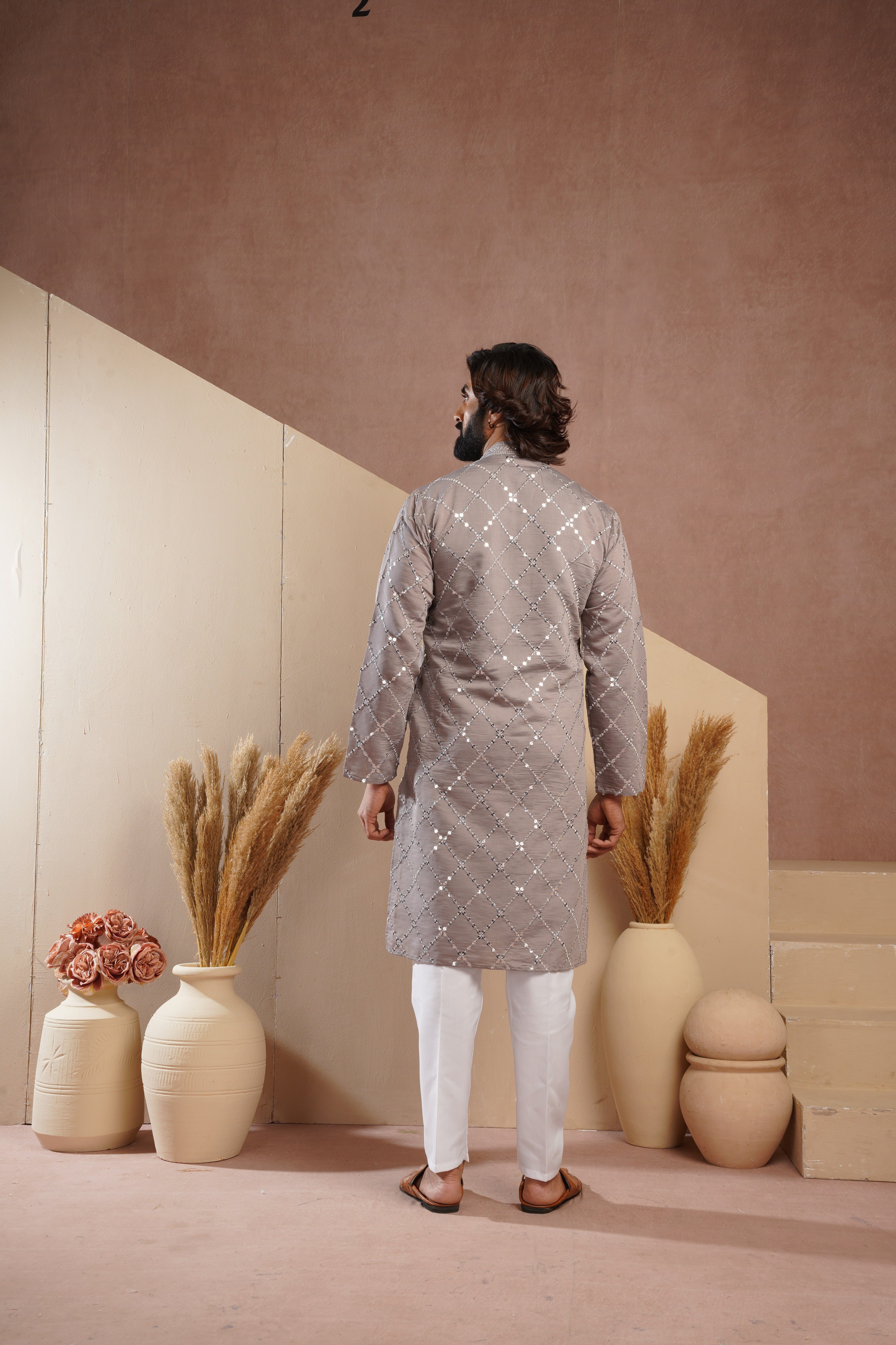 Riwaayat Grey Sequin Embroidered Kurta Set for Men