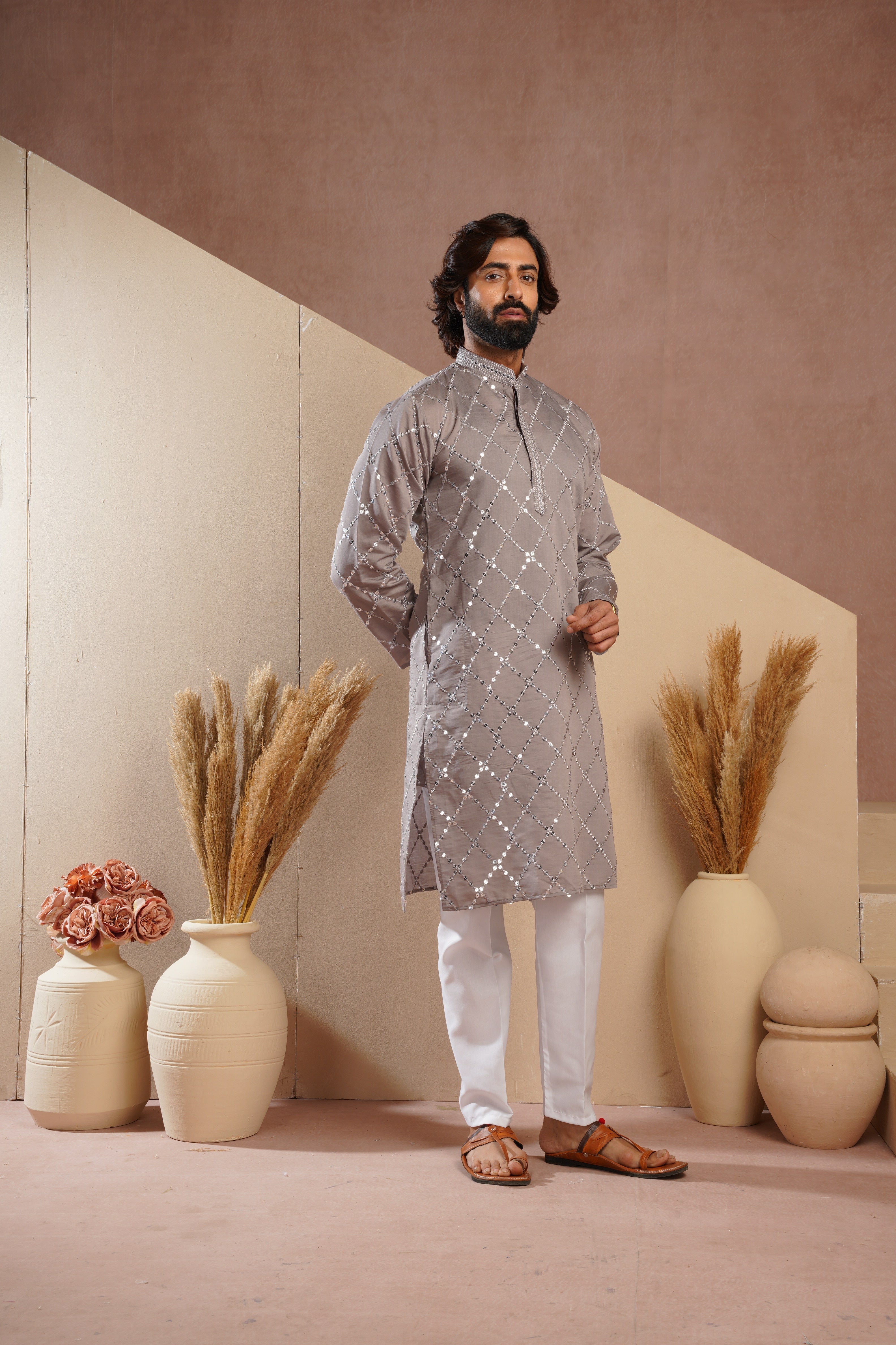 Riwaayat Grey Sequin Embroidered Kurta Set for Men