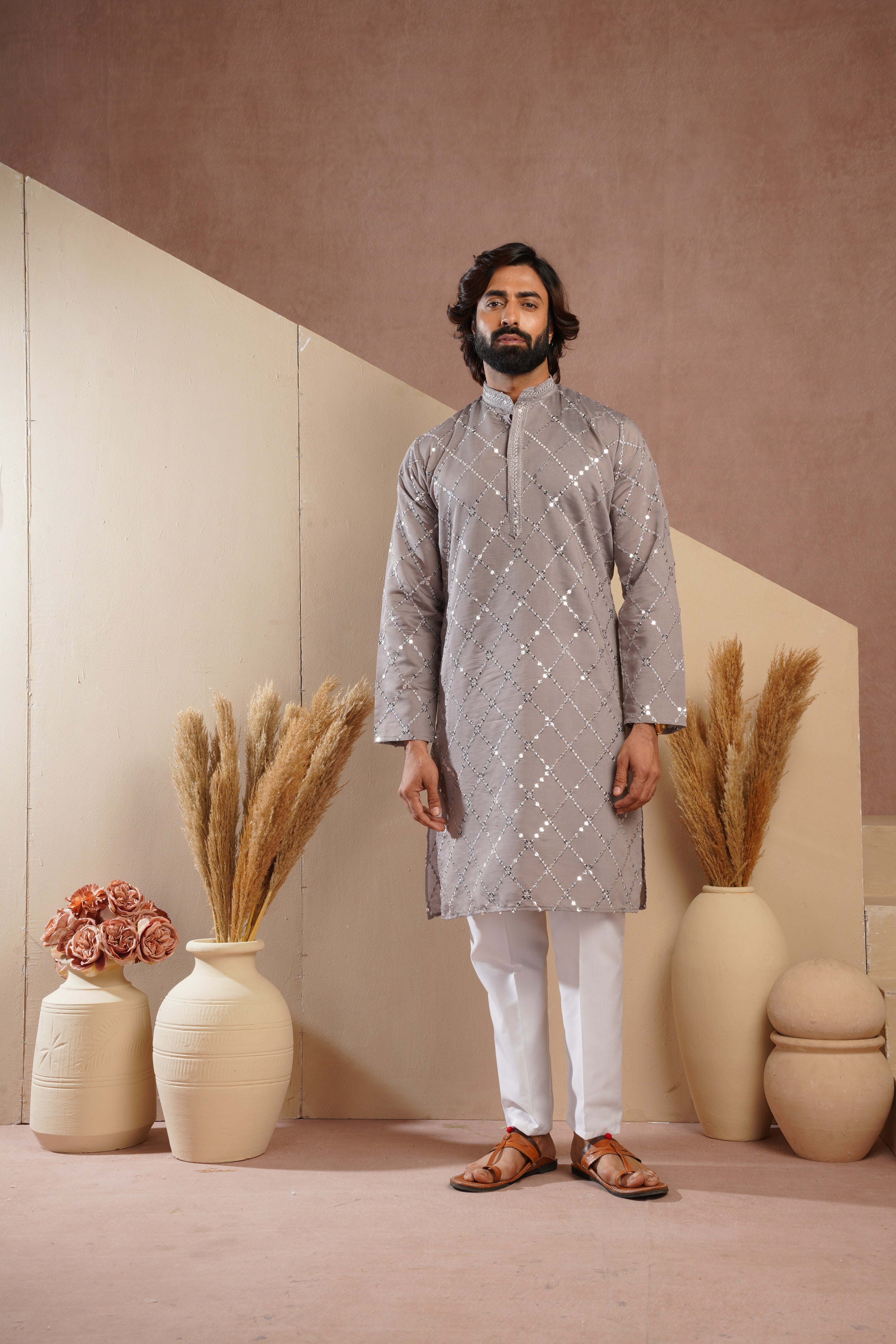 Riwaayat Grey Sequin Embroidered Kurta Set for Men