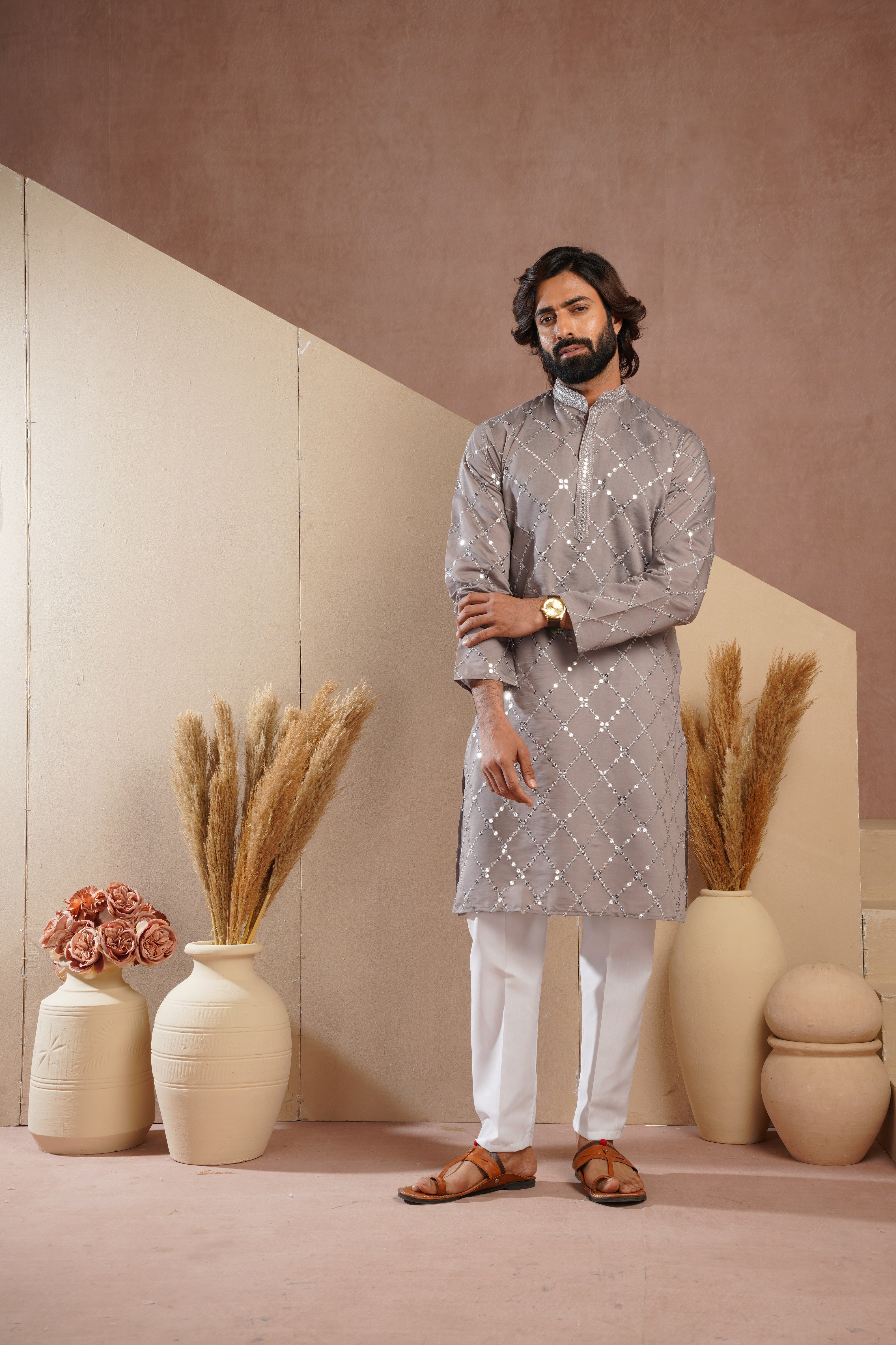 Riwaayat Grey Sequin Embroidered Kurta Set for Men