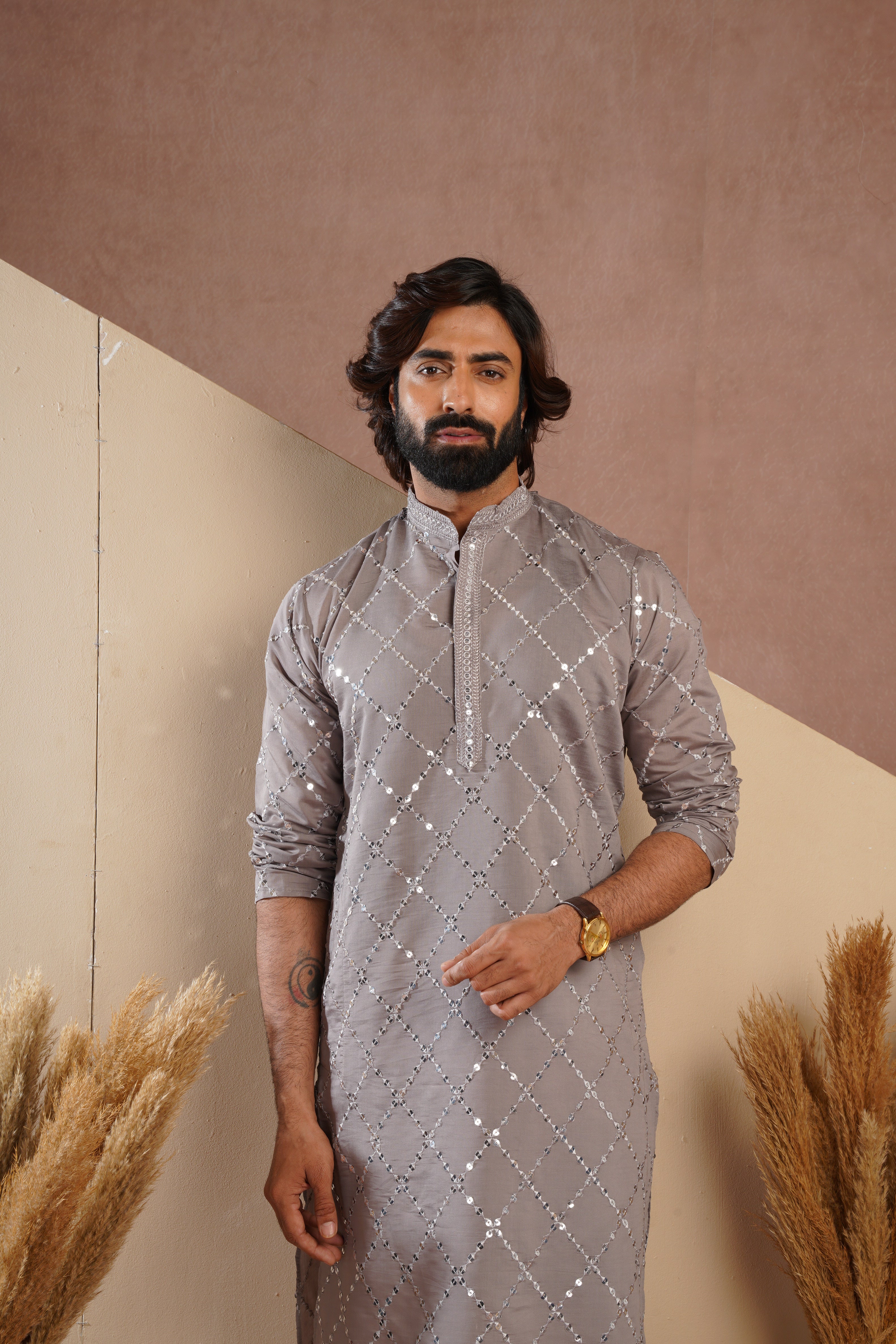 Riwaayat Grey Sequin Embroidered Kurta Set for Men