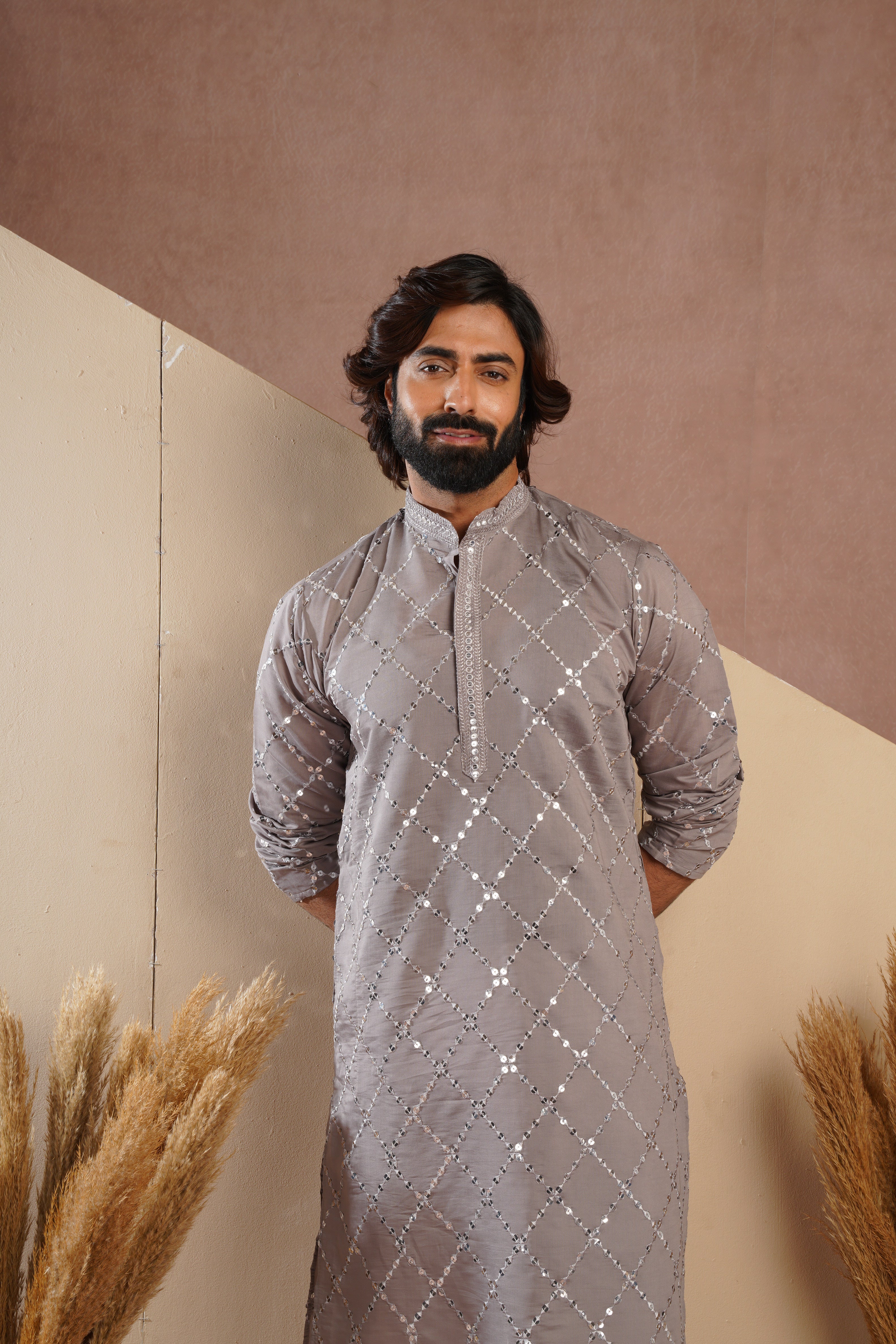 Riwaayat Grey Sequin Embroidered Kurta Set for Men