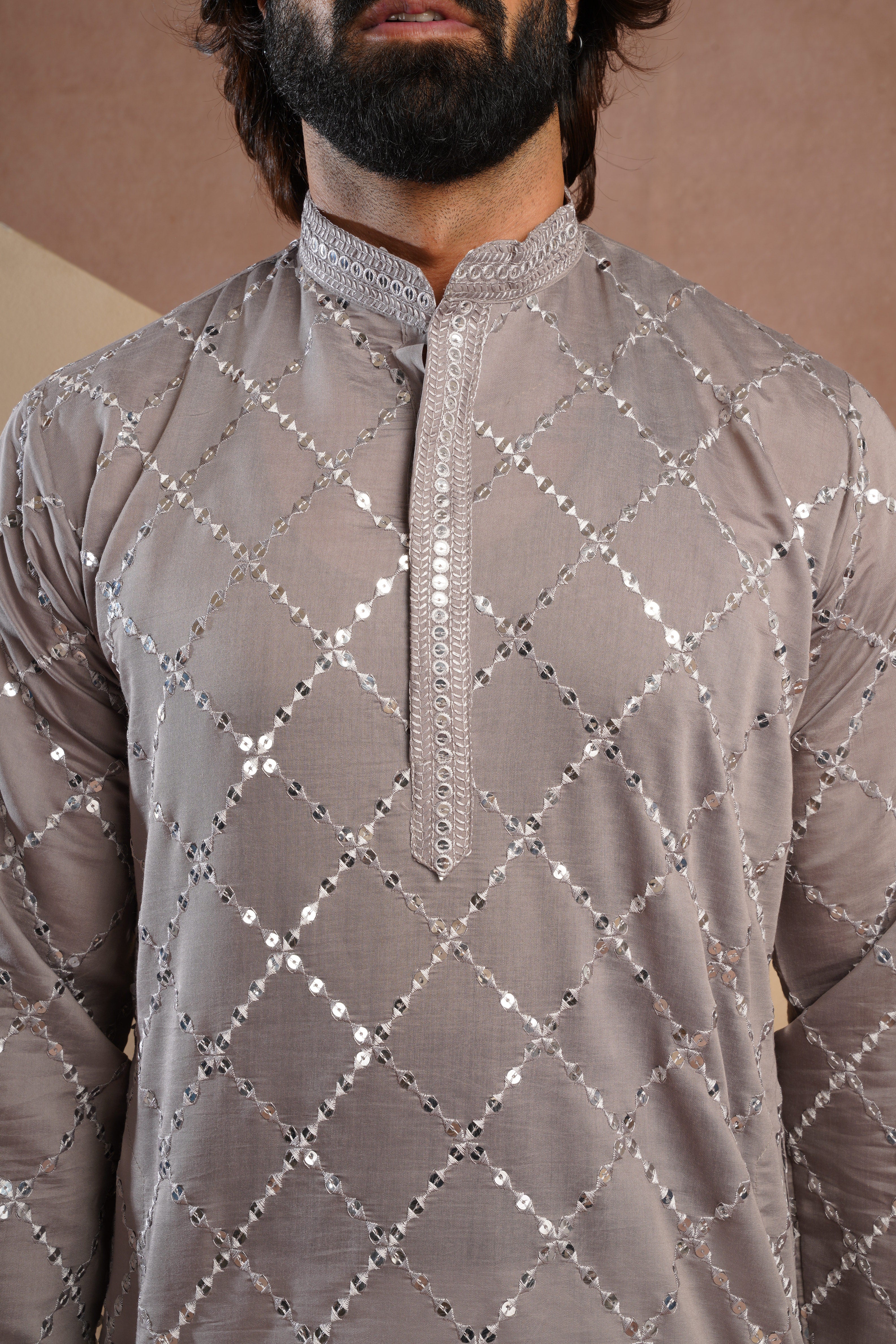 Riwaayat Grey Sequin Embroidered Kurta Set for Men