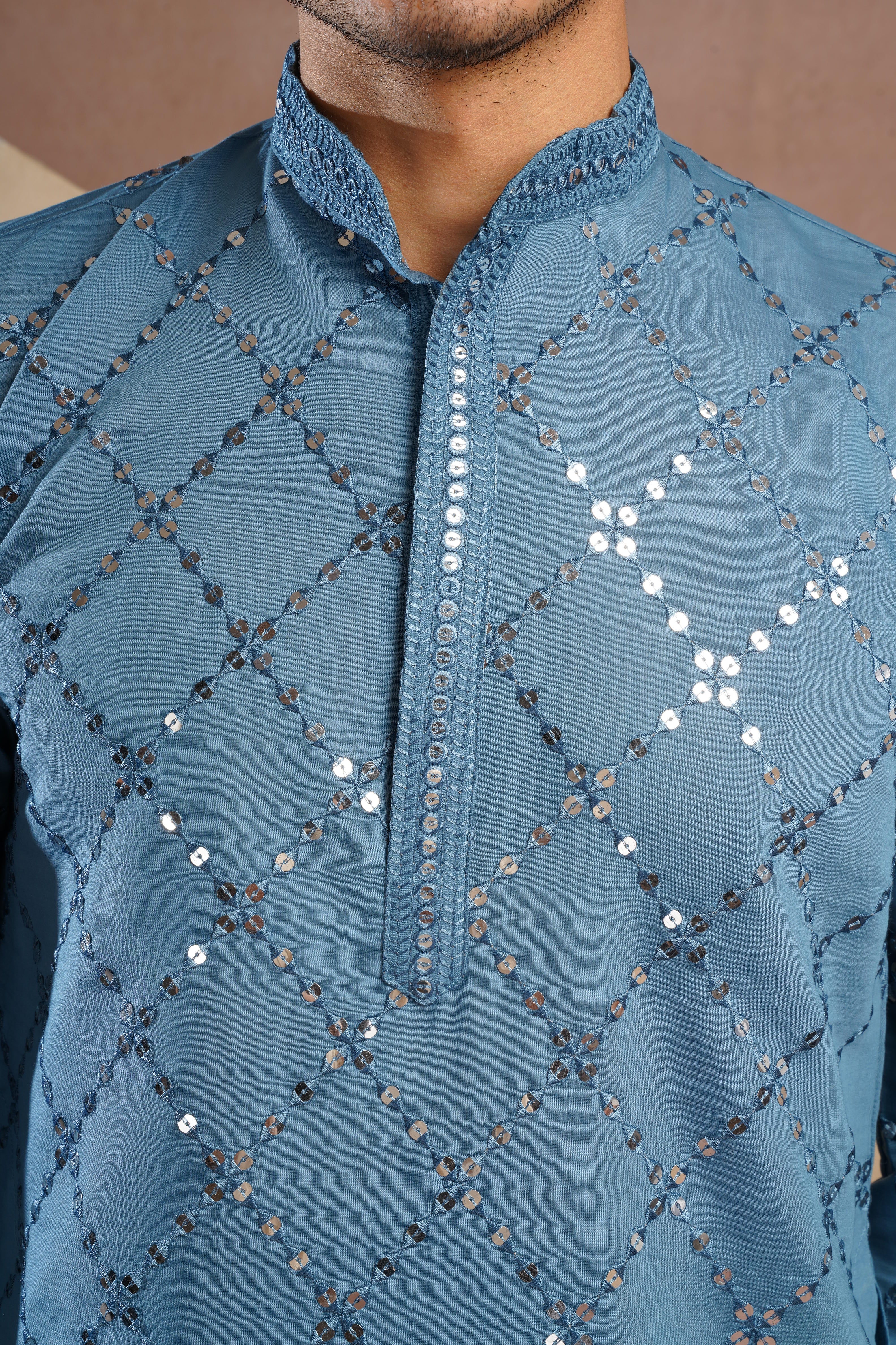 Riwaayat Blue Sequin Embroidered Kurta Set for Men