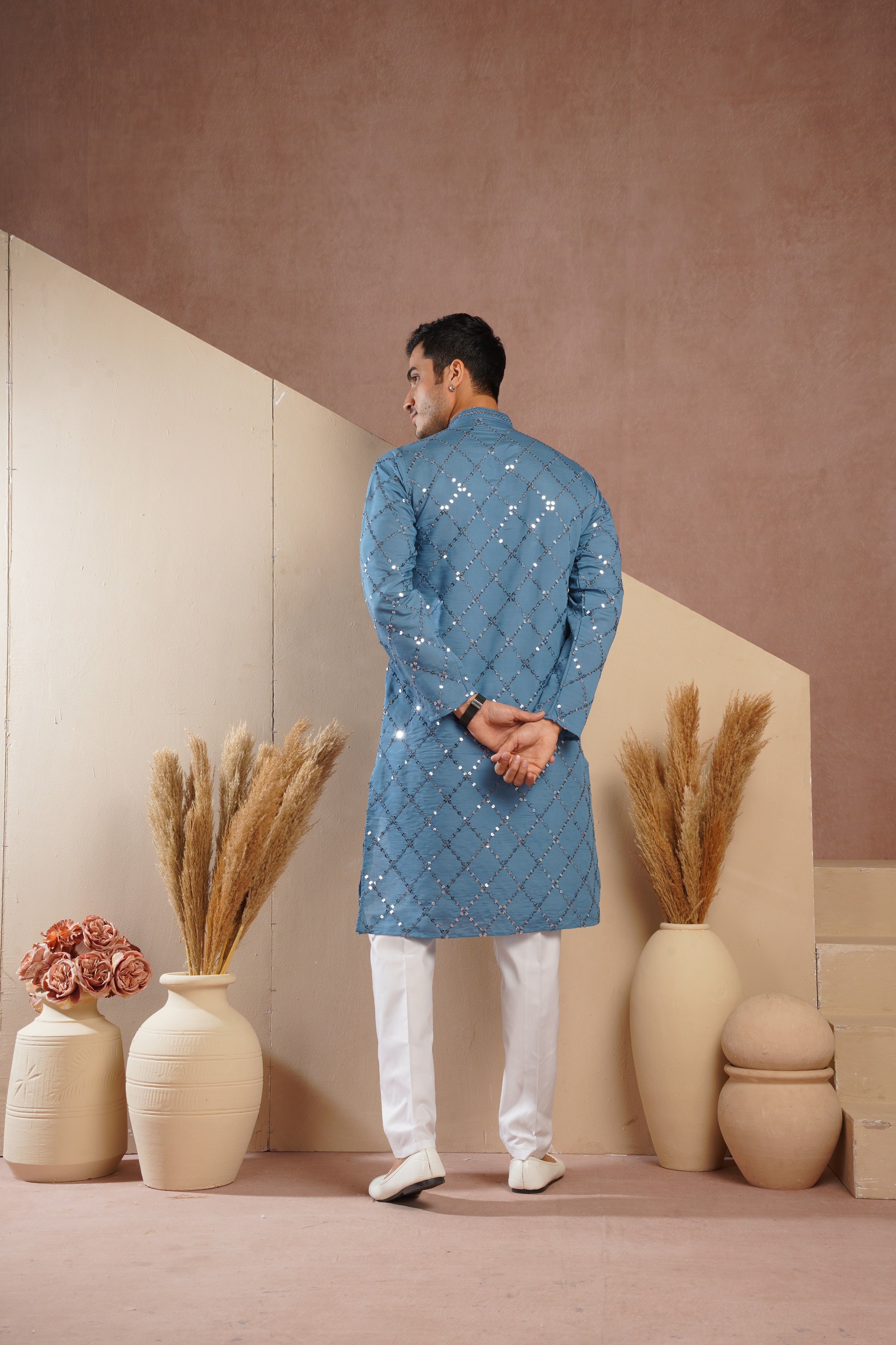 Riwaayat Blue Sequin Embroidered Kurta Set for Men