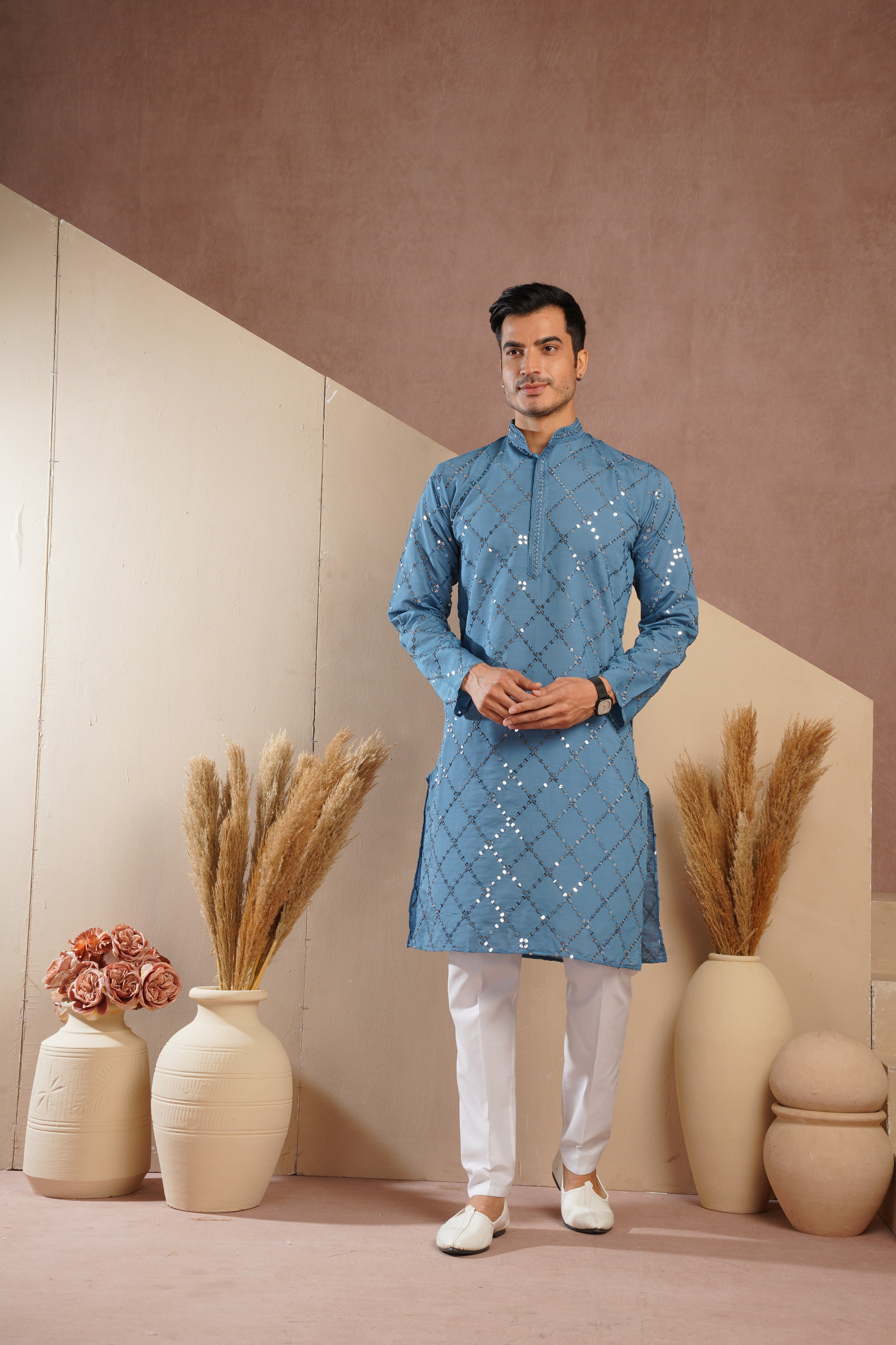 Riwaayat Blue Sequin Embroidered Kurta Set for Men