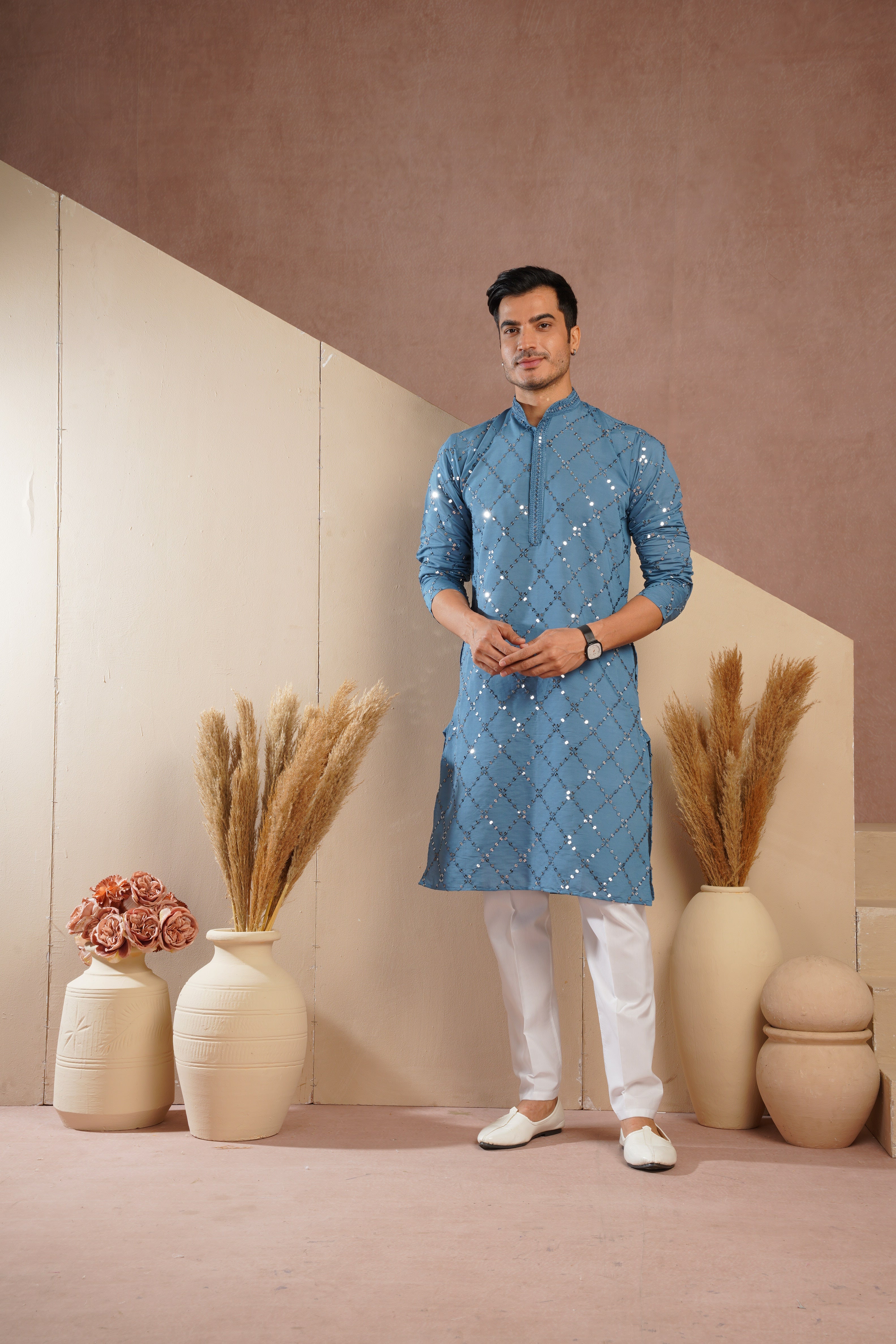 Riwaayat Blue Sequin Embroidered Kurta Set for Men