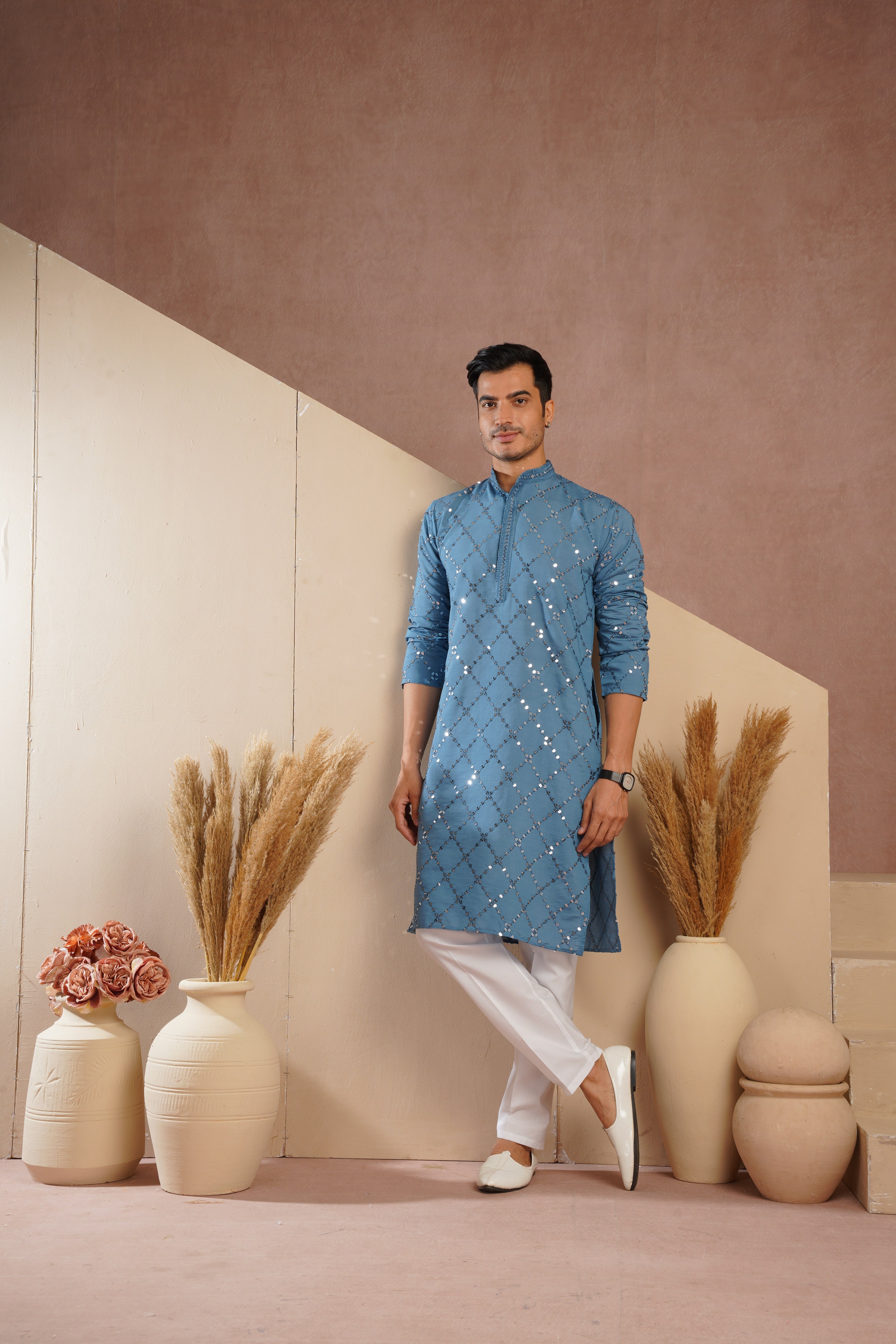 Riwaayat Blue Sequin Embroidered Kurta Set for Men