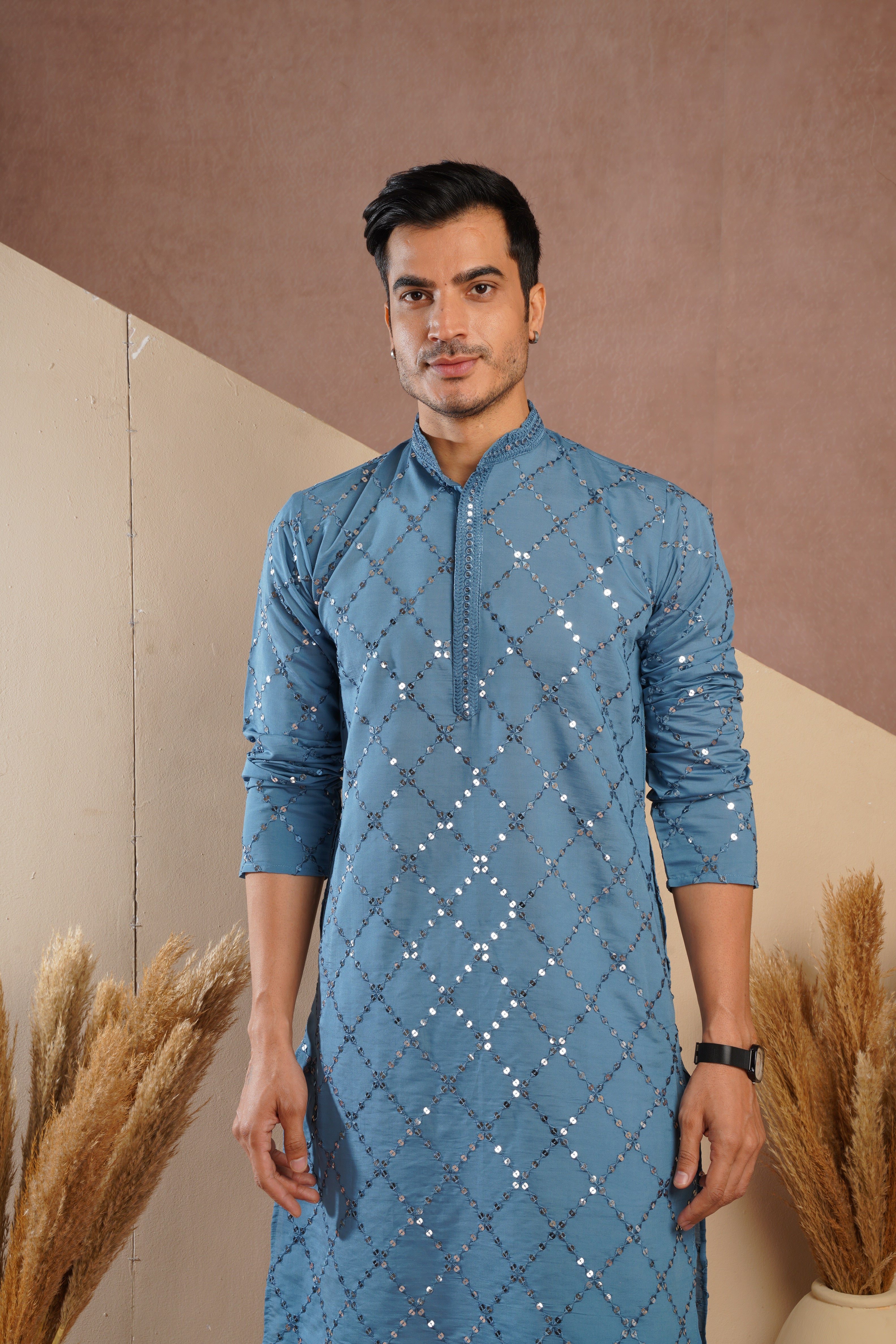 Riwaayat Blue Sequin Embroidered Kurta Set for Men