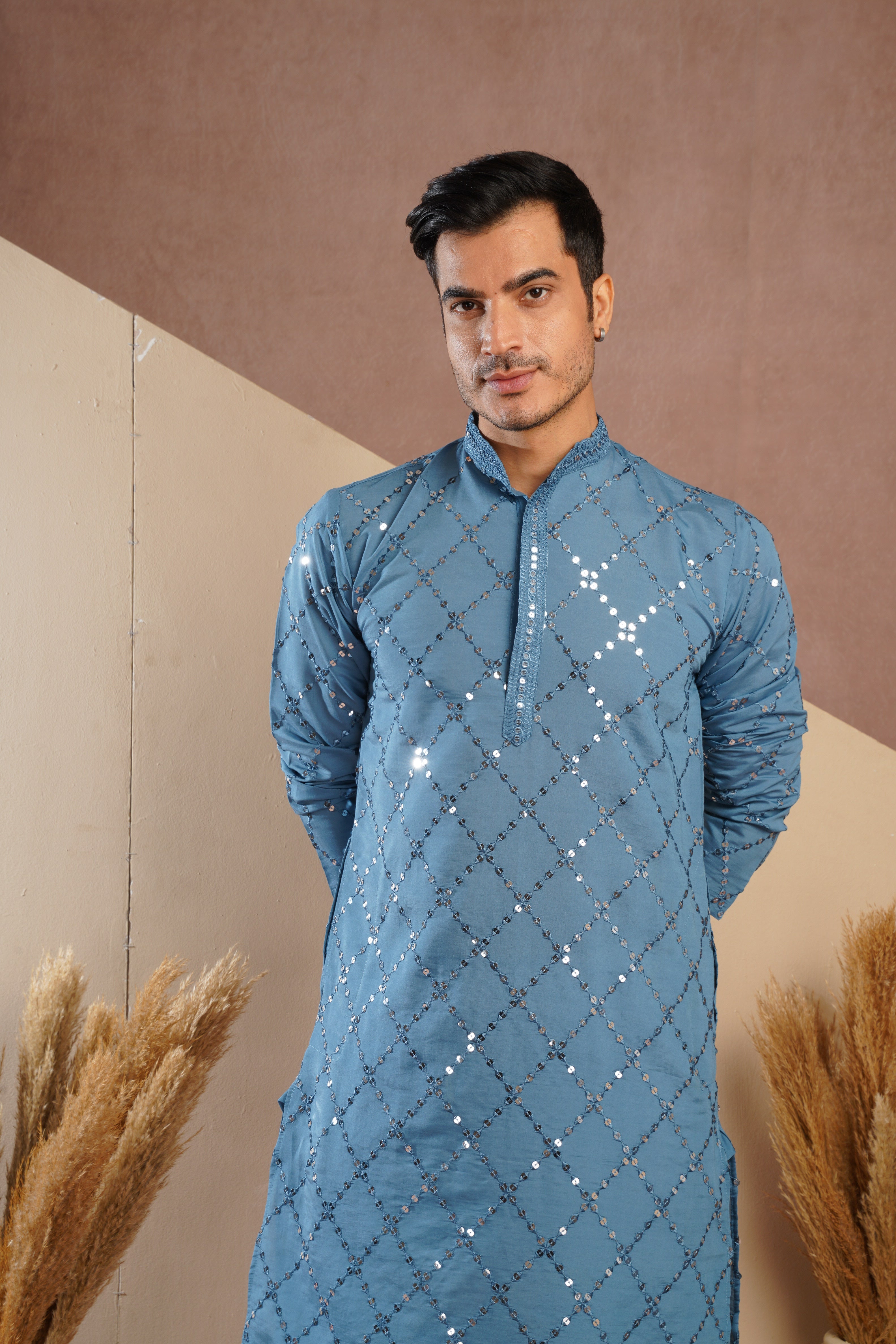 Riwaayat Blue Sequin Embroidered Kurta Set for Men