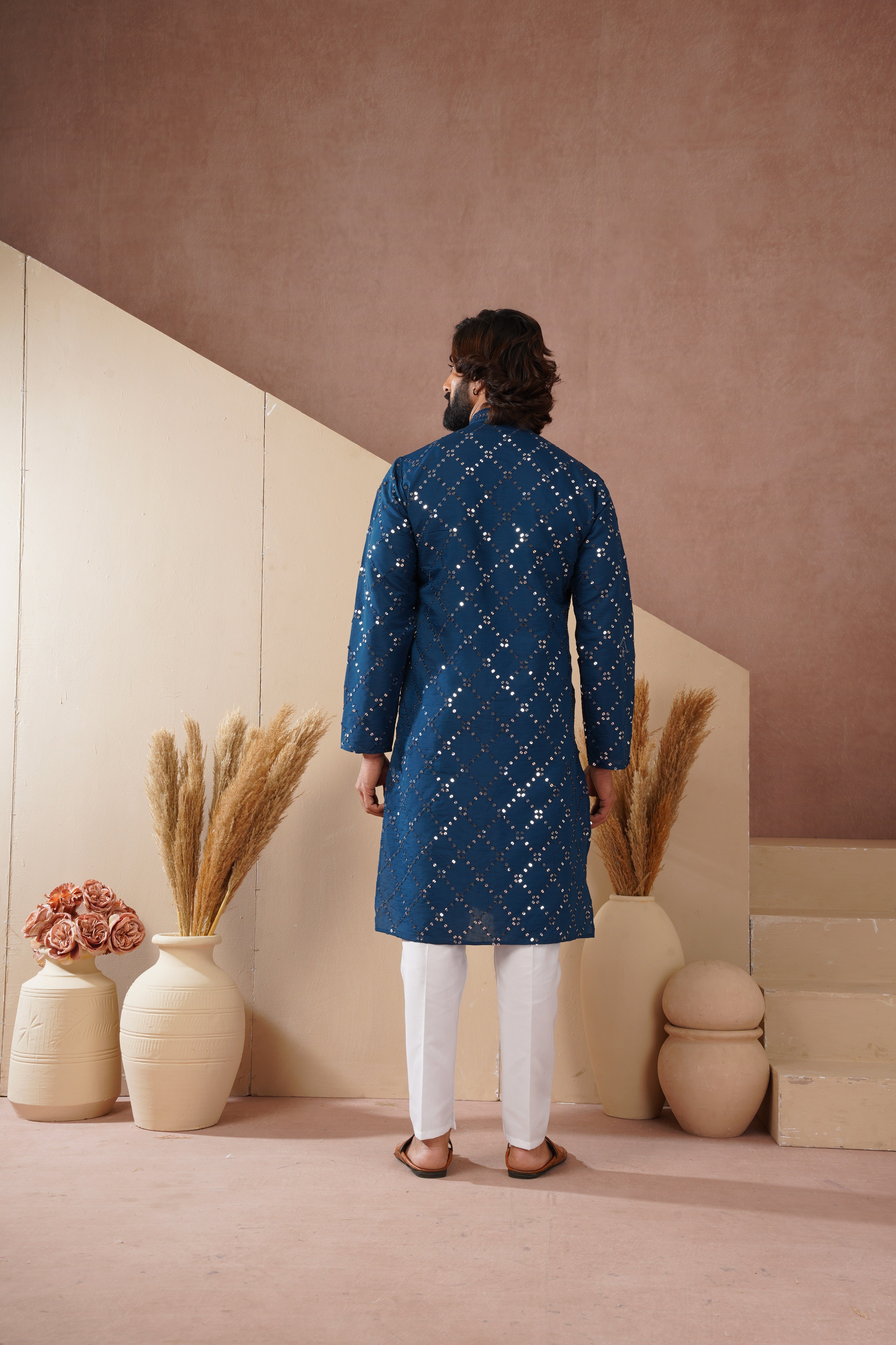 Riwaayat Sapphire Blue Sequin Embroidered Kurta Set for Men