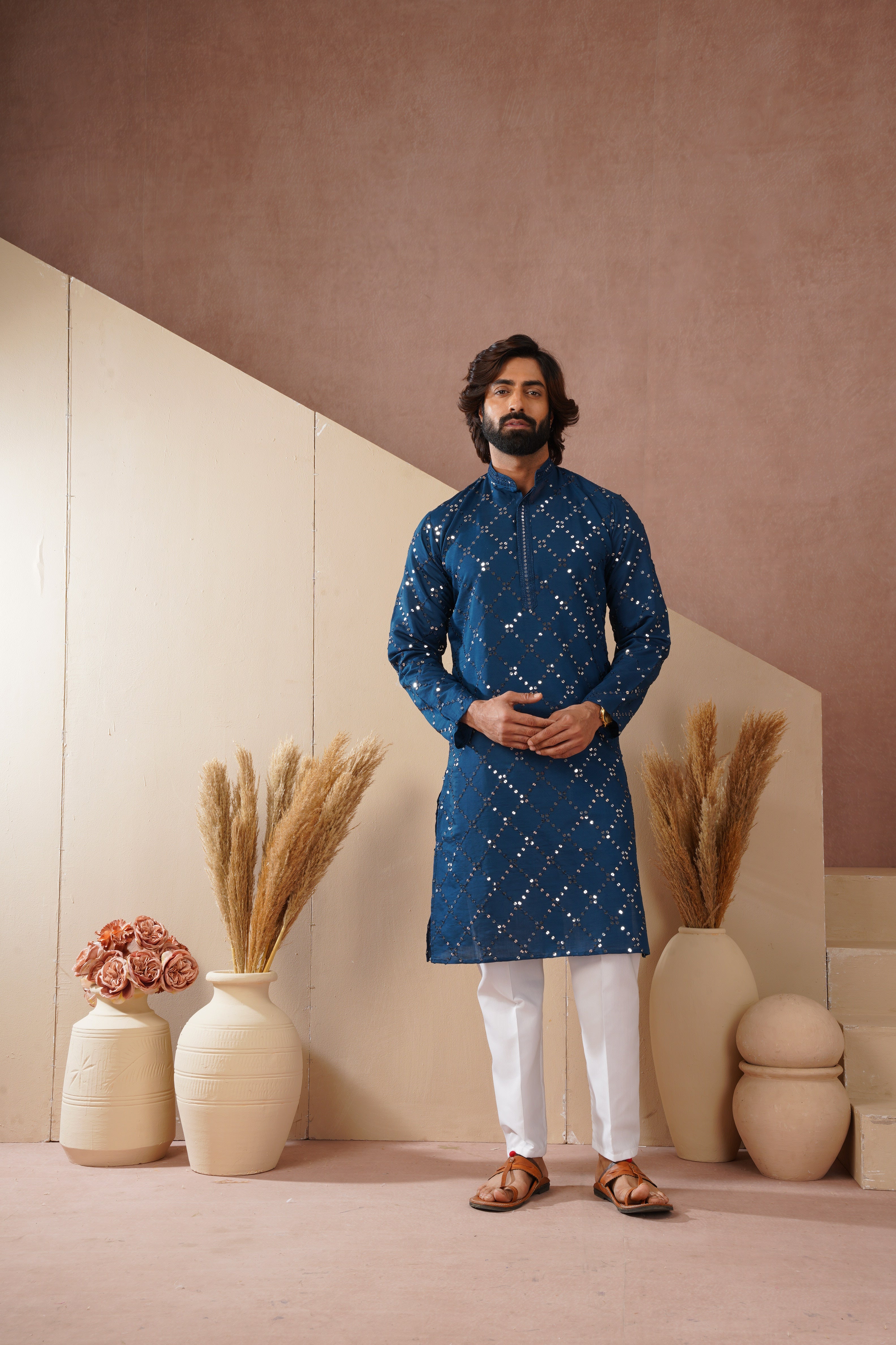 Riwaayat Sapphire Blue Sequin Embroidered Kurta Set for Men