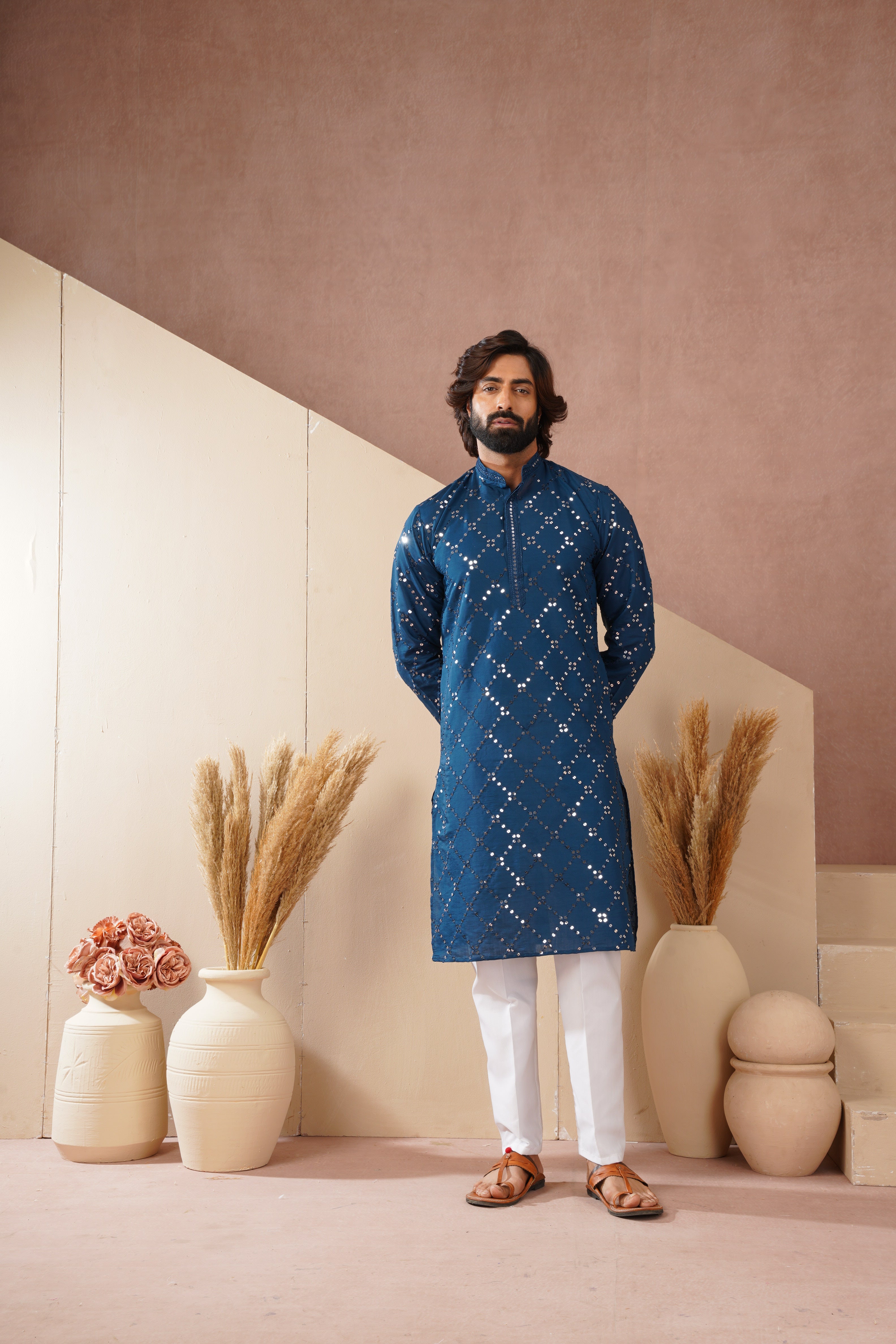 Riwaayat Sapphire Blue Sequin Embroidered Kurta Set for Men
