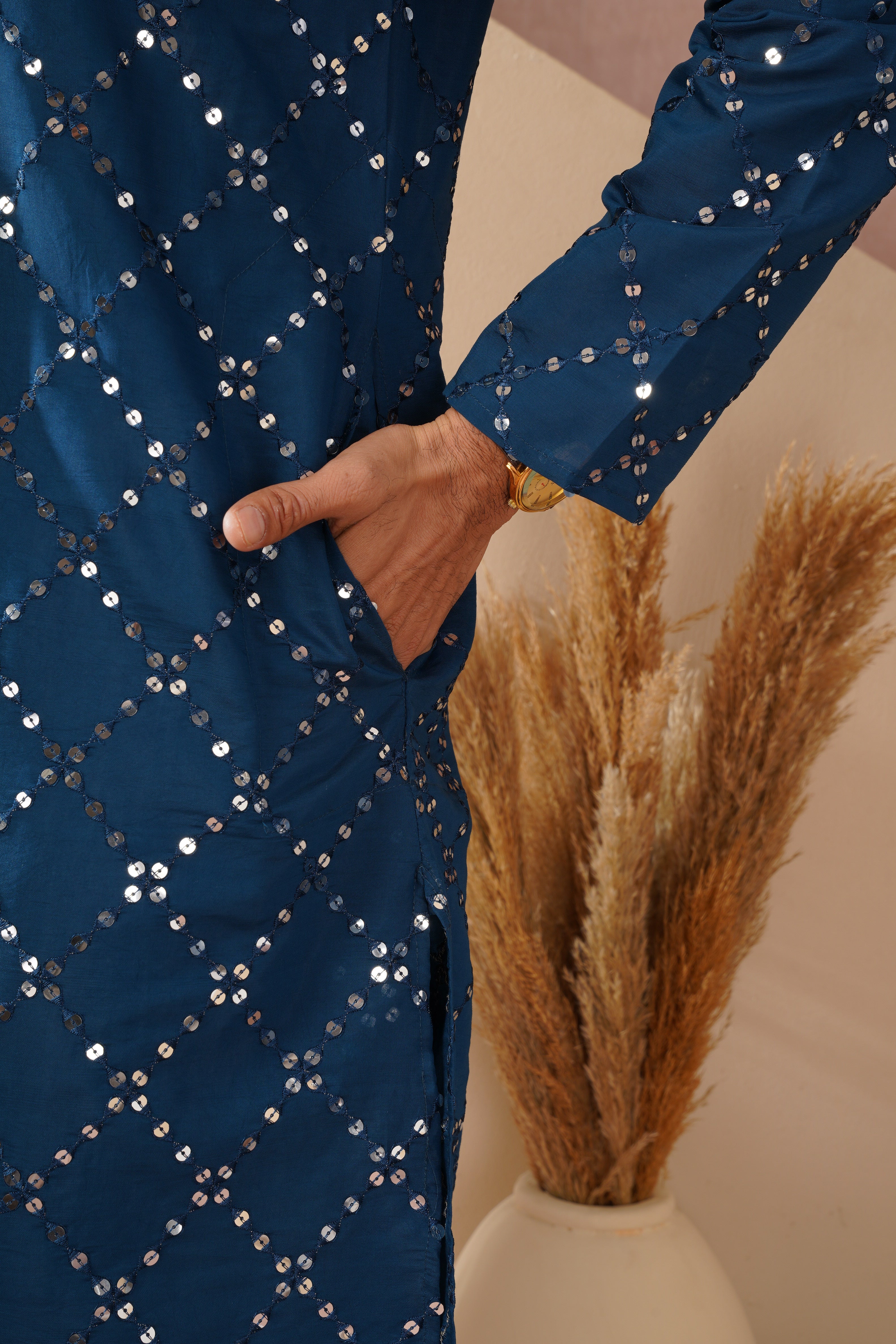 Riwaayat Sapphire Blue Sequin Embroidered Kurta Set for Men